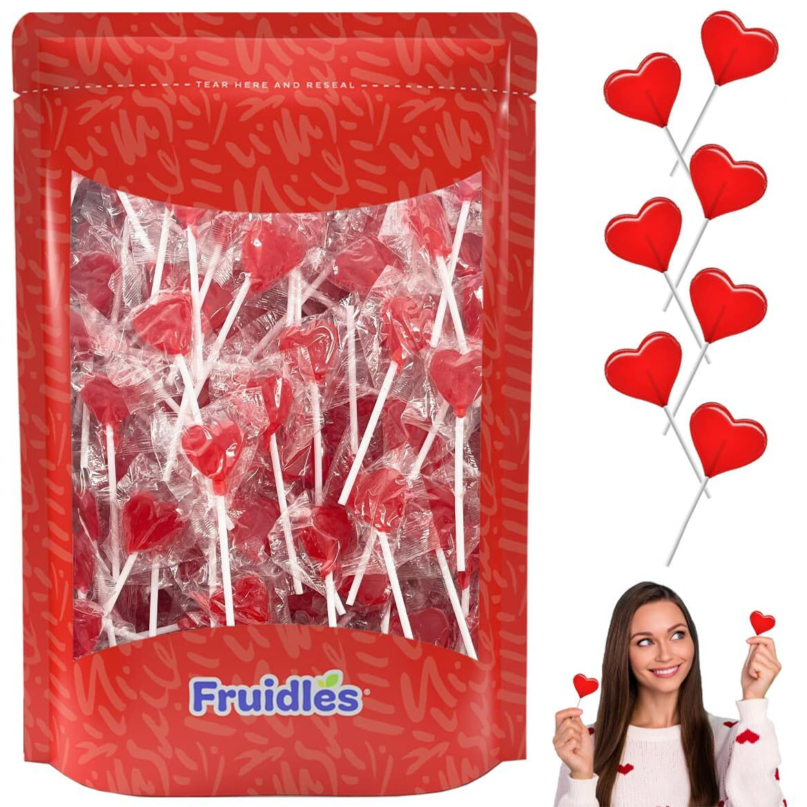 Fruidles Valentines Day Lollipops Mini Red Heart Shaped Strawberry Flavored Lollipop, Individually Wrapped, 5G Lollipops (80 Lollipops (1 Pound))