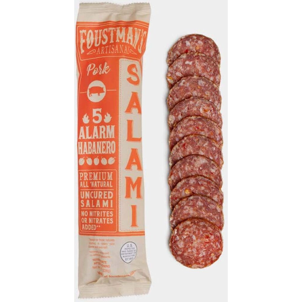 Foustman's Salami Pork 5 Alarm Habanero Artisanal, Nitrate-Free, Naturally Cured, Gluten-Free, Dairy-Free, 8 Oz Sticks