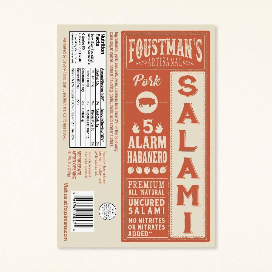 Foustman's Salami Pork 5 Alarm Habanero Artisanal, Nitrate-Free, Naturally Cured, Gluten-Free, Dairy-Free, 8 Oz Sticks