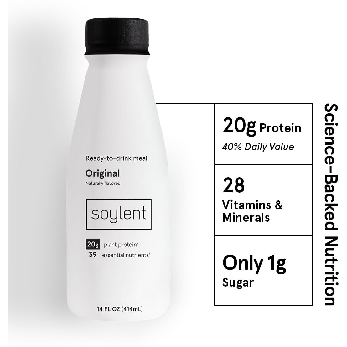 Soylent Complete Meal Replacement Shake, Original, 20G Complete Protein, 28 Vitamins & Minerals, Low Sugar, 14Oz (Single Bottle)