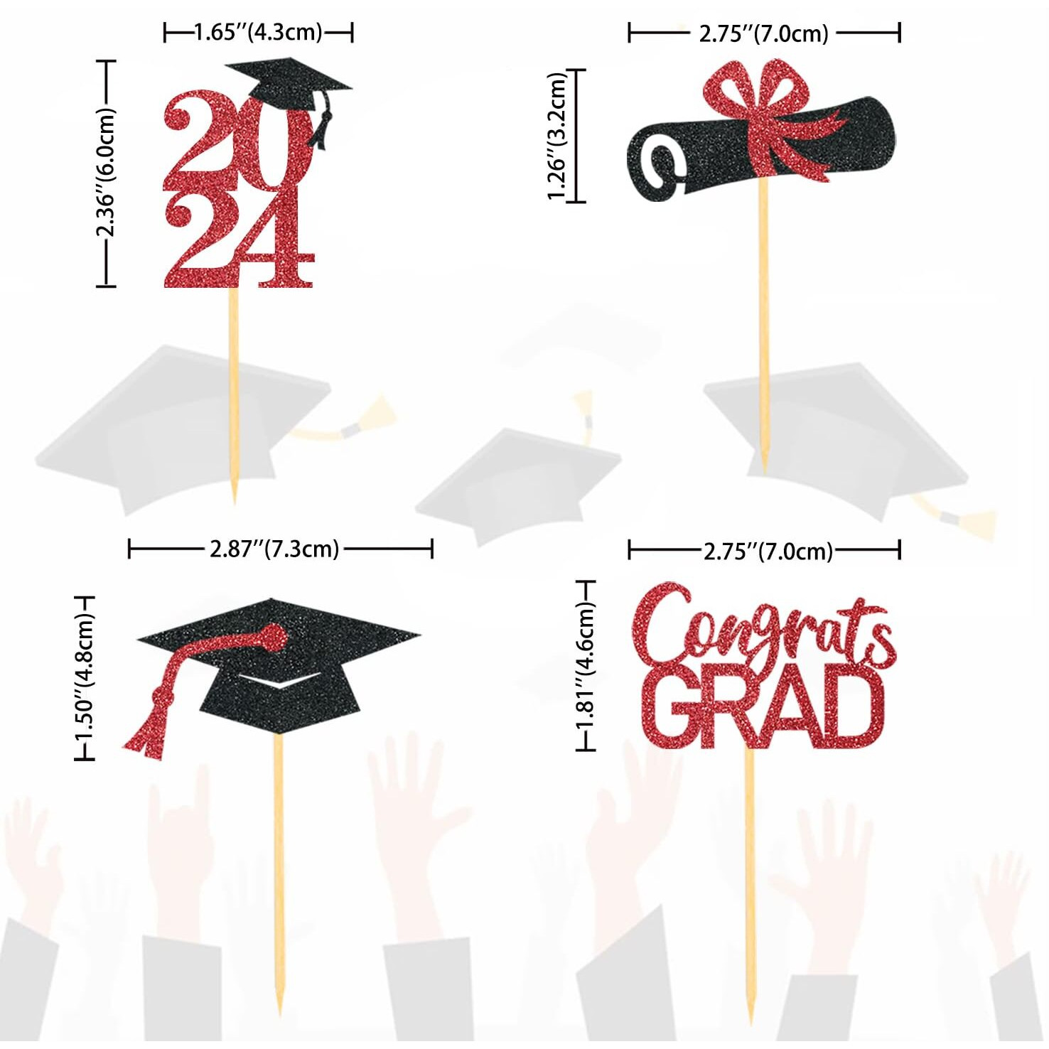 24Pcs Graduation Cupcake Toppers, Graduation Cupcake Picks For Cupcake Food Decorations - Class Of 2024 Graduation Cupcake Toppers Supplies (Red)