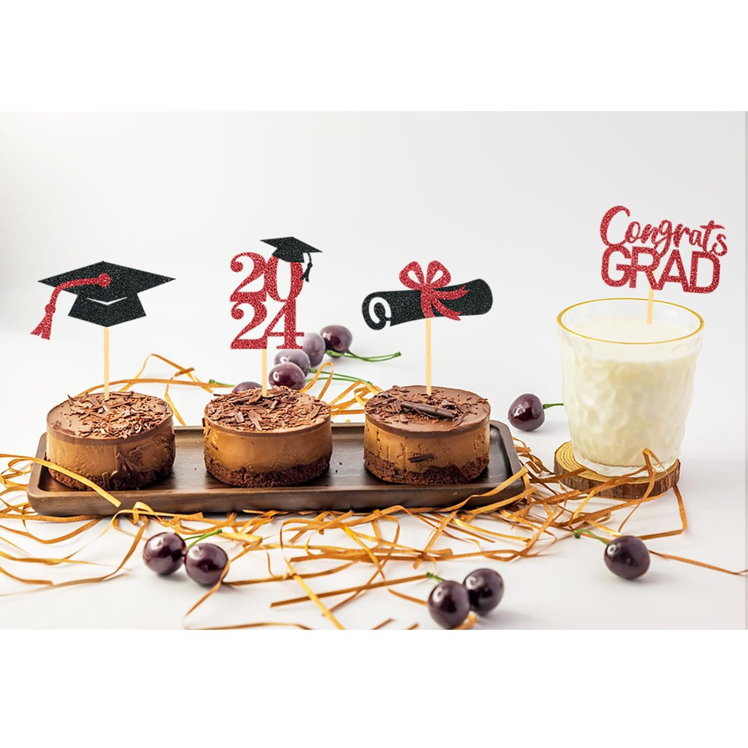 24Pcs Graduation Cupcake Toppers, Graduation Cupcake Picks For Cupcake Food Decorations - Class Of 2024 Graduation Cupcake Toppers Supplies (Red)