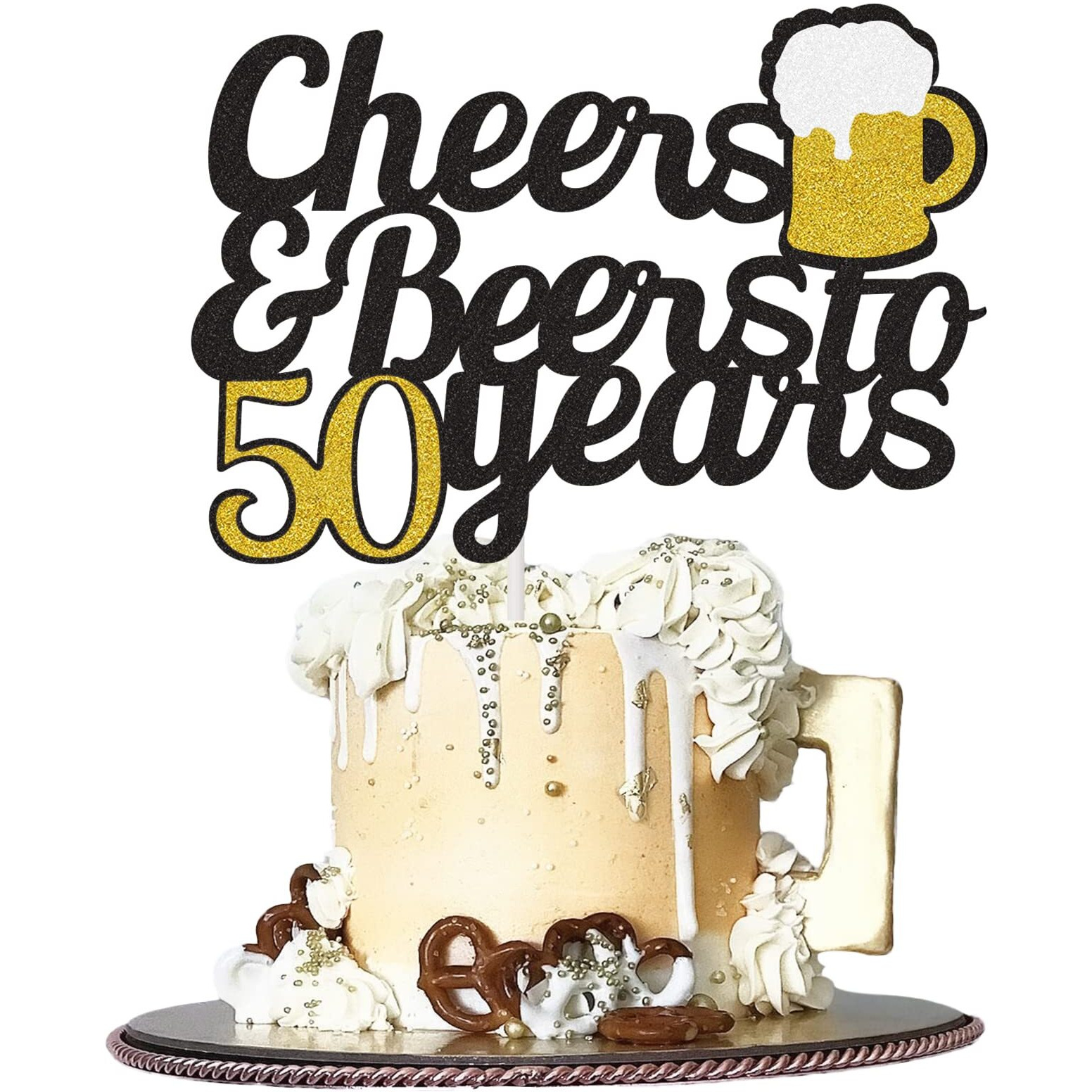 Cheers To 50 Years Cake Topper, Happy 50Th Birthday Cake Topper, 50Th Anniversary Birthday Party Supplies Black And Gold Glitter Decorations Double Sided