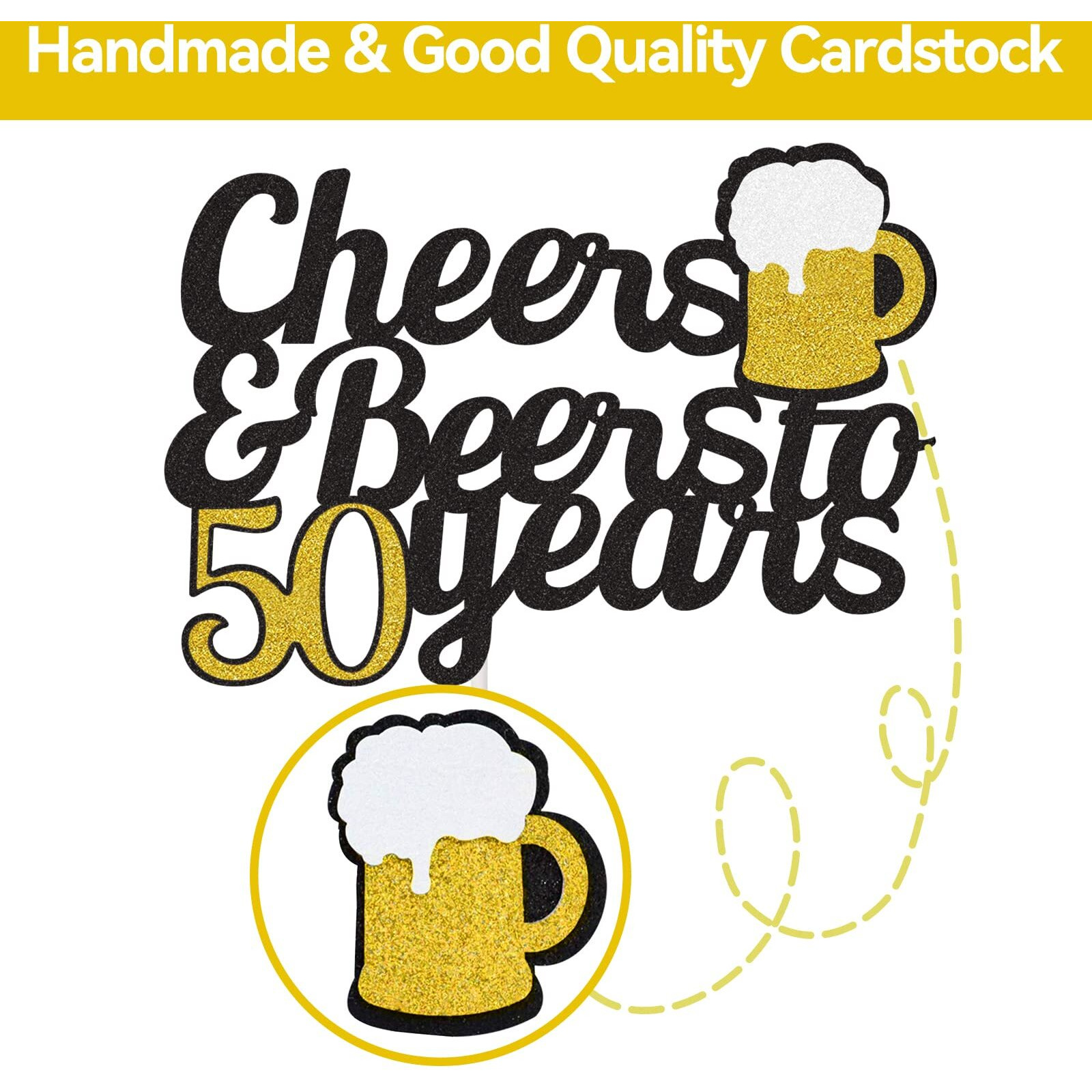 Cheers To 50 Years Cake Topper, Happy 50Th Birthday Cake Topper, 50Th Anniversary Birthday Party Supplies Black And Gold Glitter Decorations Double Sided