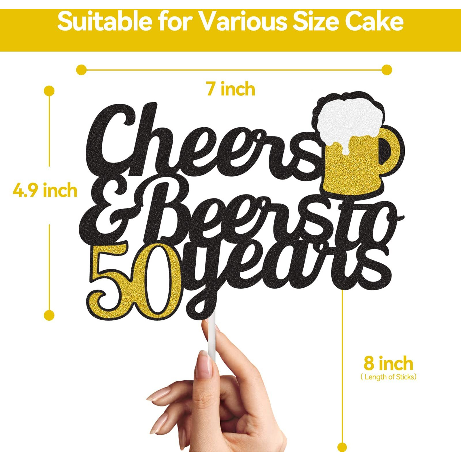 Cheers To 50 Years Cake Topper, Happy 50Th Birthday Cake Topper, 50Th Anniversary Birthday Party Supplies Black And Gold Glitter Decorations Double Sided