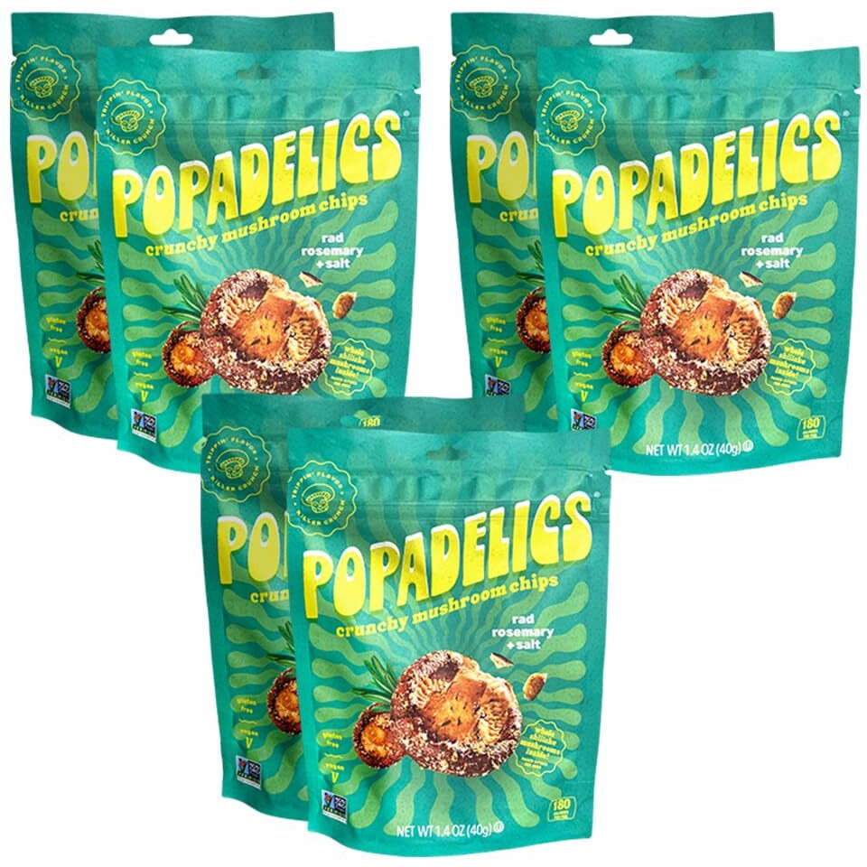 Popadelics Crunchy Mushroom Chips Rad Rosemary & Salt Shiitake Mushroom Crisps, Lightly Cooked And Seasoned, Vegan Chips, Vegan Snacks, Vegan Food, 1.4 Oz Ea (6 Count)