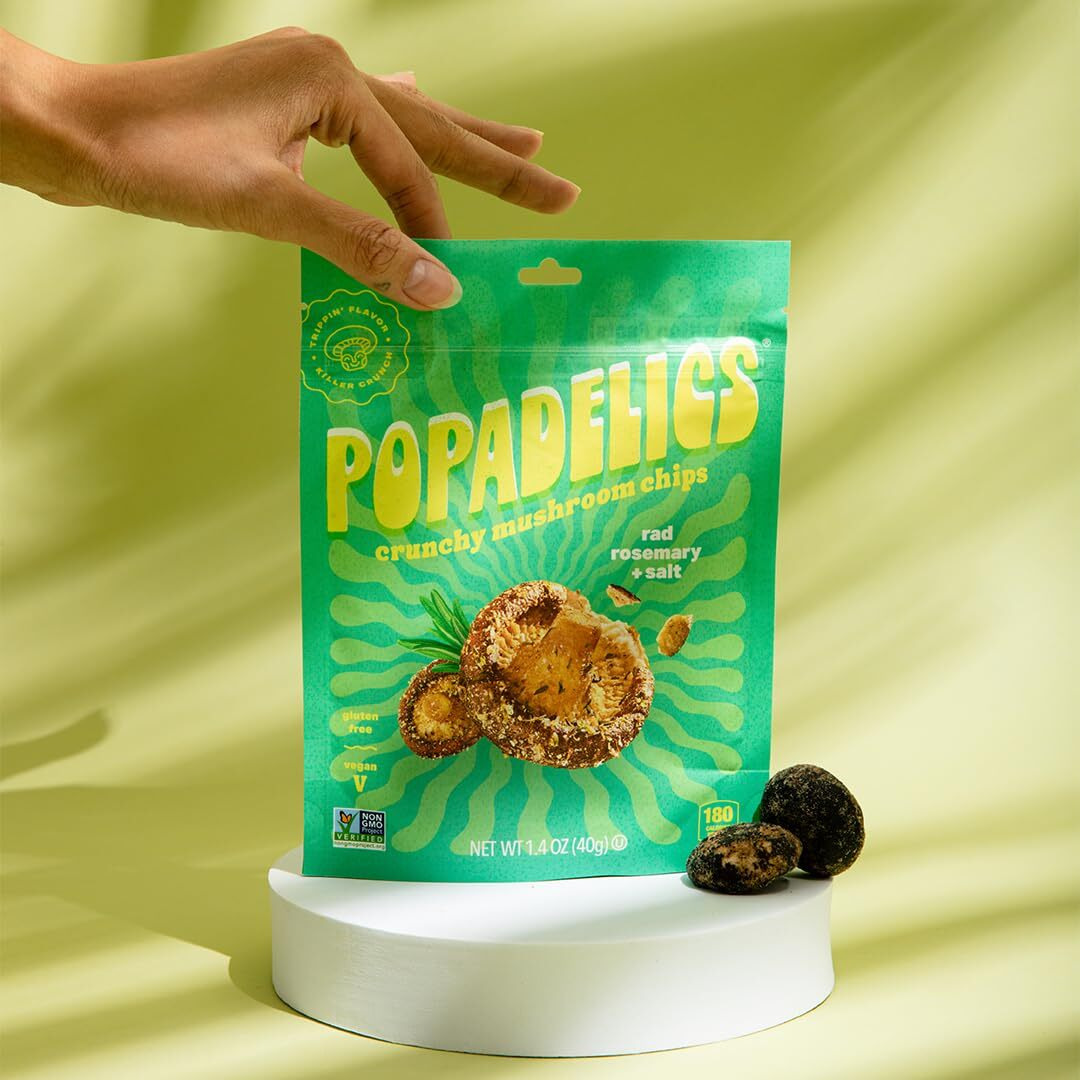 Popadelics Crunchy Mushroom Chips Rad Rosemary & Salt Shiitake Mushroom Crisps, Lightly Cooked And Seasoned, Vegan Chips, Vegan Snacks, Vegan Food, 1.4 Oz Ea (6 Count)