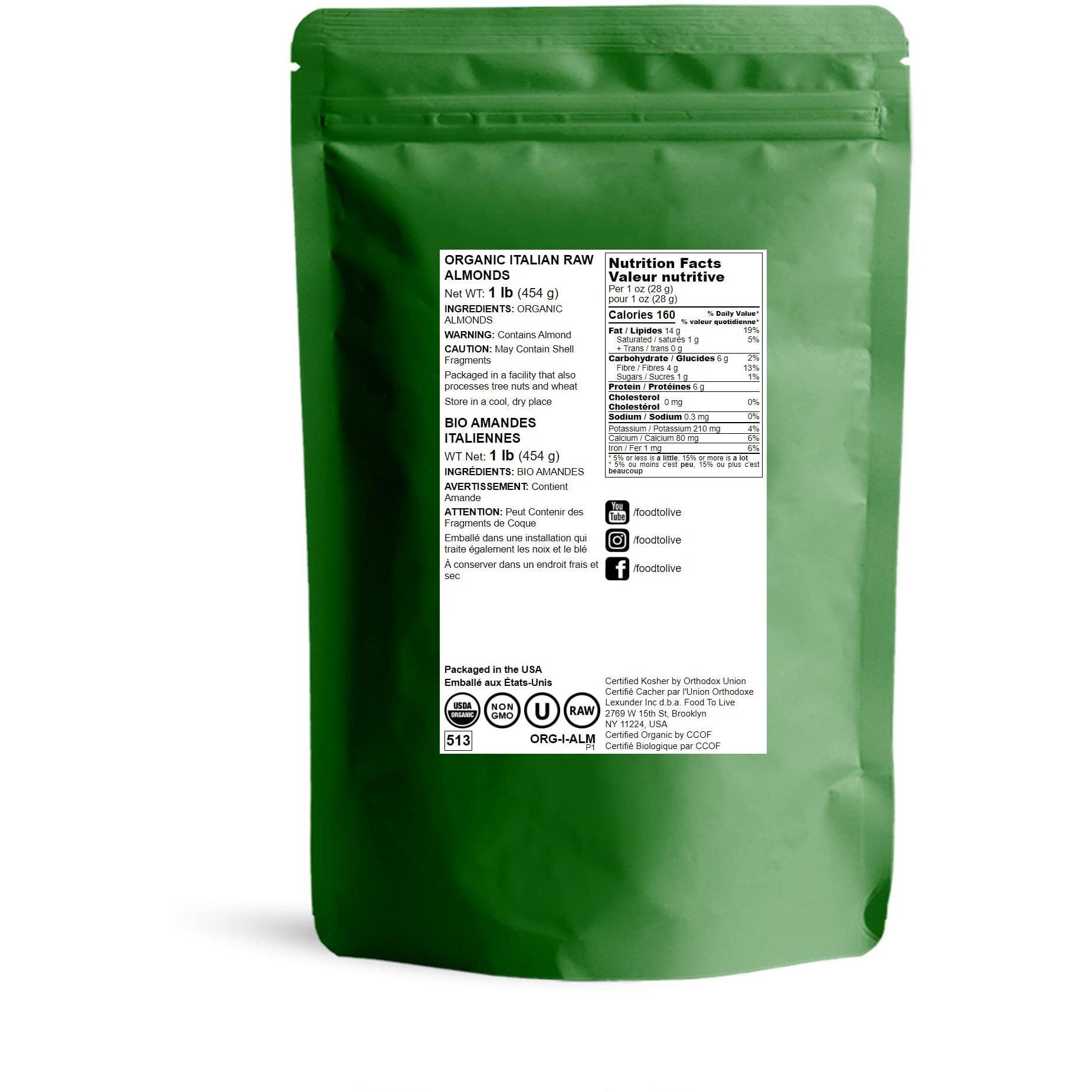 Food To Live - Organic Italian Raw Almonds, 1 Pound Non-Gmo, Whole, No Shell, Unpasteurized, Unsalted, Vegan, Kosher, Keto-Friendly