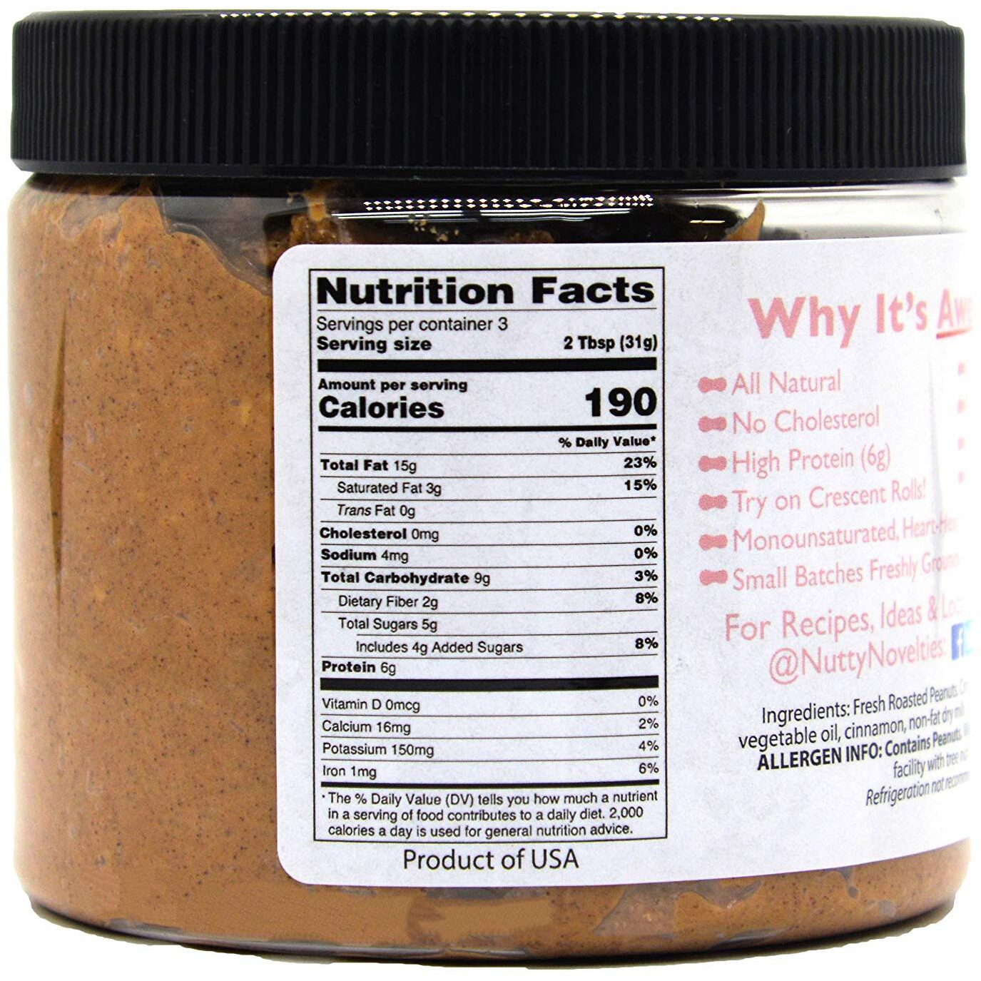 Nutty Novelties Cinnamon Peanut Butter - High Protein, Low Sugar Healthy Peanut Butter - All-Natural Peanut Butter Free Of Cholesterol, Preservatives & Salt - Crunchy Peanut Butter - 15 Ounces