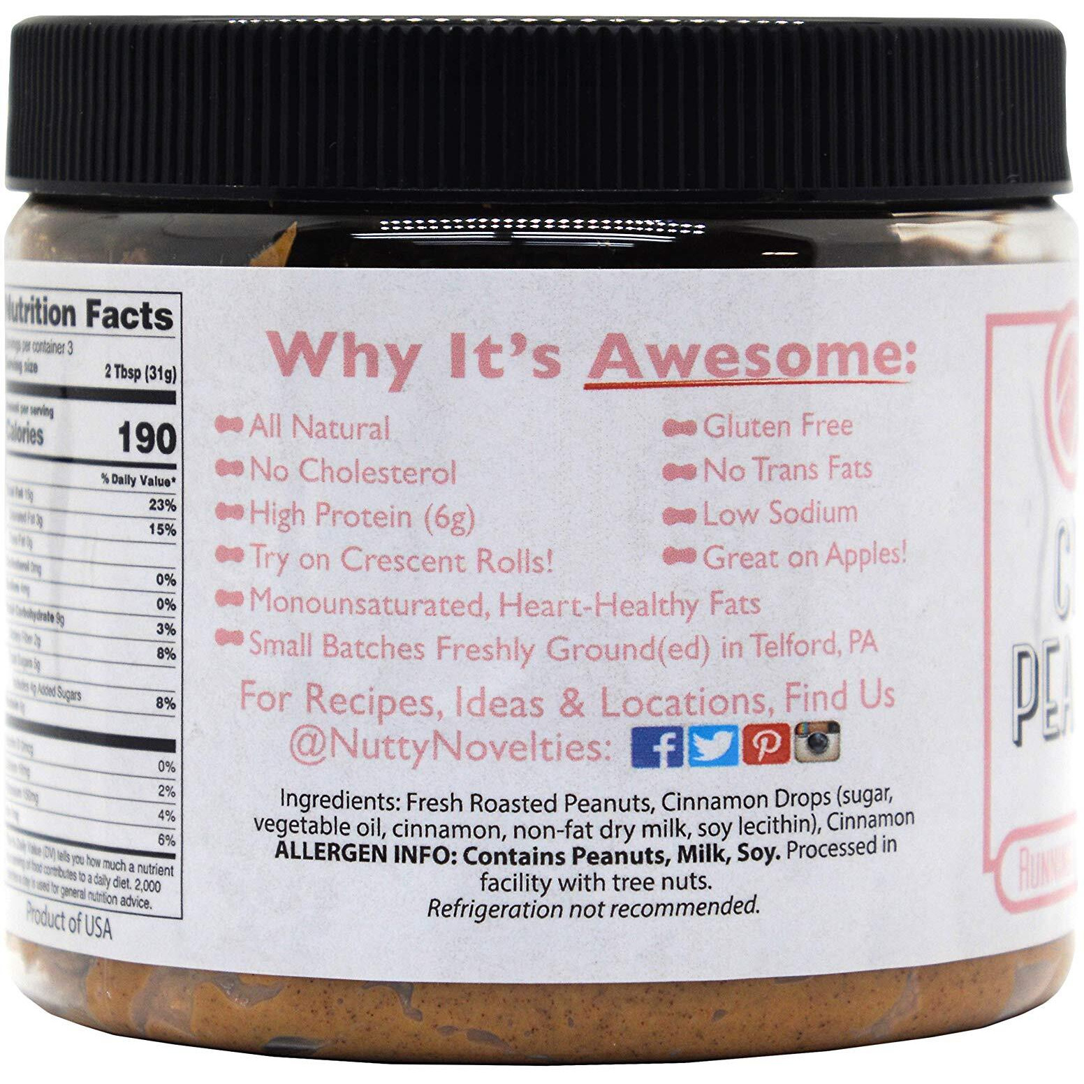 Nutty Novelties Cinnamon Peanut Butter - High Protein, Low Sugar Healthy Peanut Butter - All-Natural Peanut Butter Free Of Cholesterol, Preservatives & Salt - Crunchy Peanut Butter - 15 Ounces