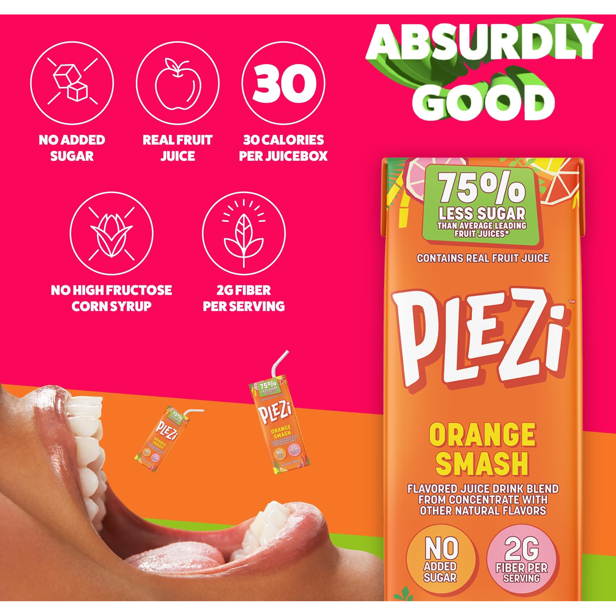 Plezi Fruit Juice Boxes For Kids, Orange Smash - Low Sugar Drinks With Dietary Fiber, Healthy Vitamin C, And Potassium Electrolytes - 6.75 Fl Oz (Pack Of 32)