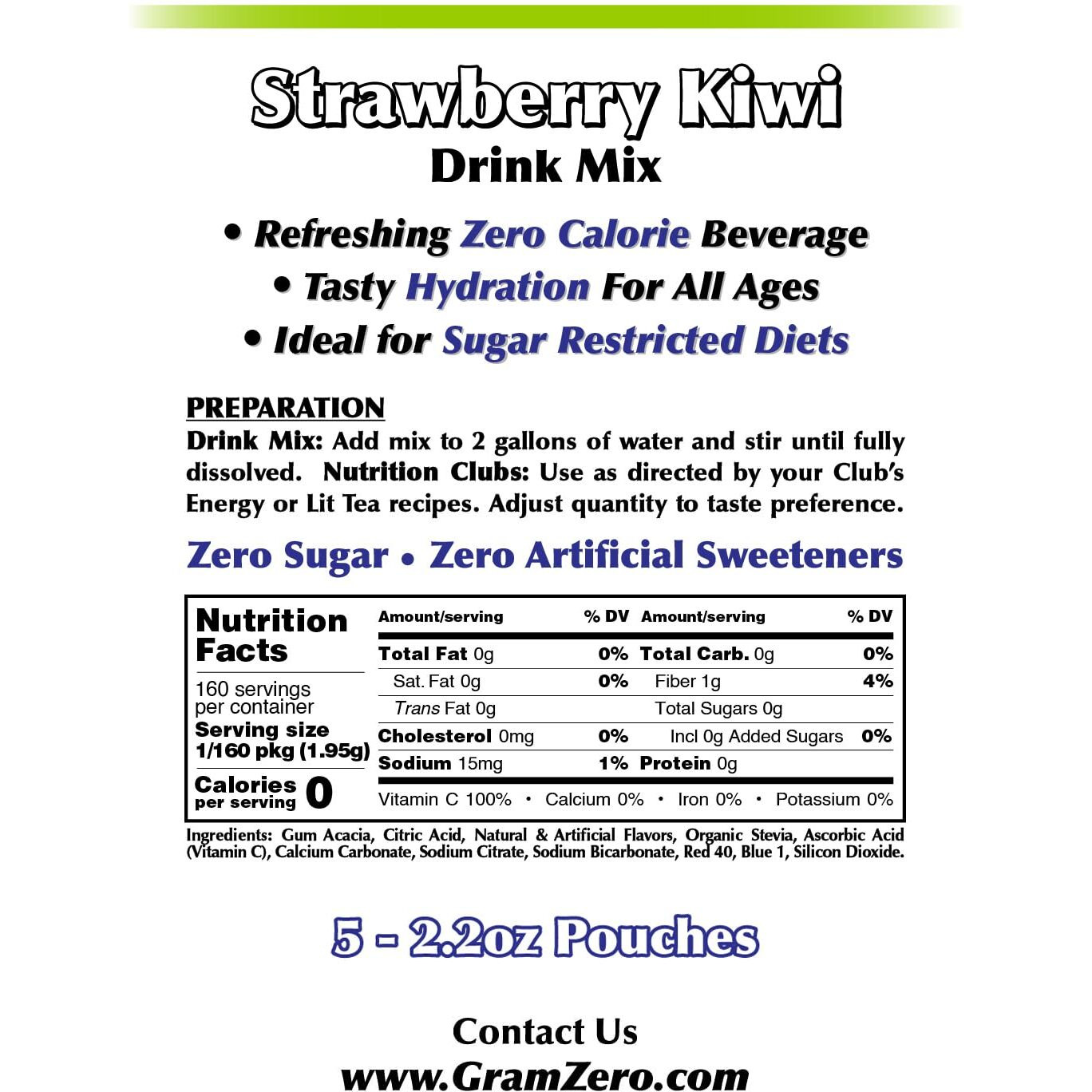 Gramzero Strawberry Kiwi Sugar Free Drink Mix Sports Pack, Great For Nutrition Club Loaded Teas, Zero Calorie, Stevia Sweetened