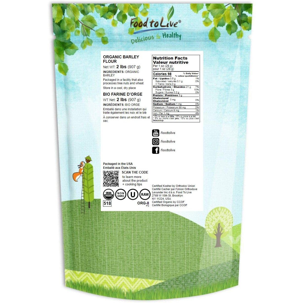 Food To Live Organic Barley Flour, 2 Pounds - Non-Gmo, Stone Ground From Whole Hulled Barley, Fine, Kosher, Vegan, Bulk. Rich In Fiber. Perfect For Flour Blends. Great For Baking. Product Of The Usa.