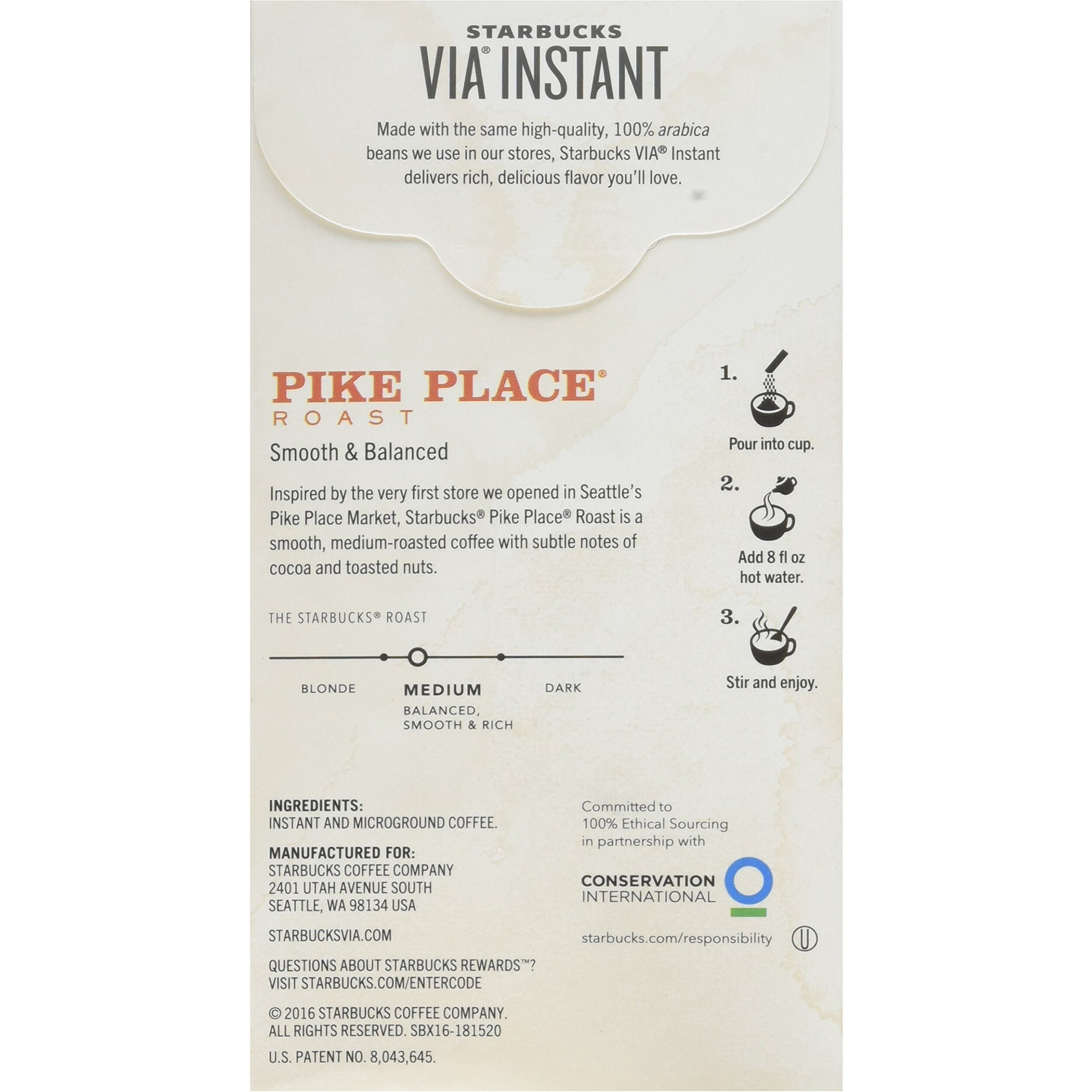 Starbucks Via Instant Coffee Pike Place Roast, (Pack Of 4)
