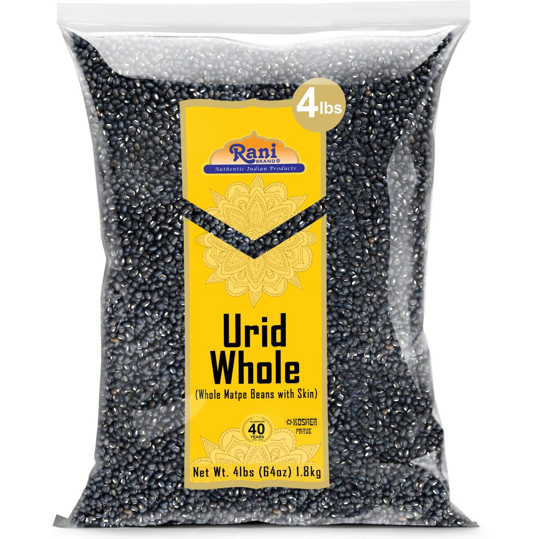 Rani Urid/Urad Whole Black (Matpe Beans With Skin) Indian Lentils 64Oz (4Lbs) 1.81Kg Bulk~ All Natural | Gluten Friendly | Non-Gmo | Kosher | Vegan | Indian Origin