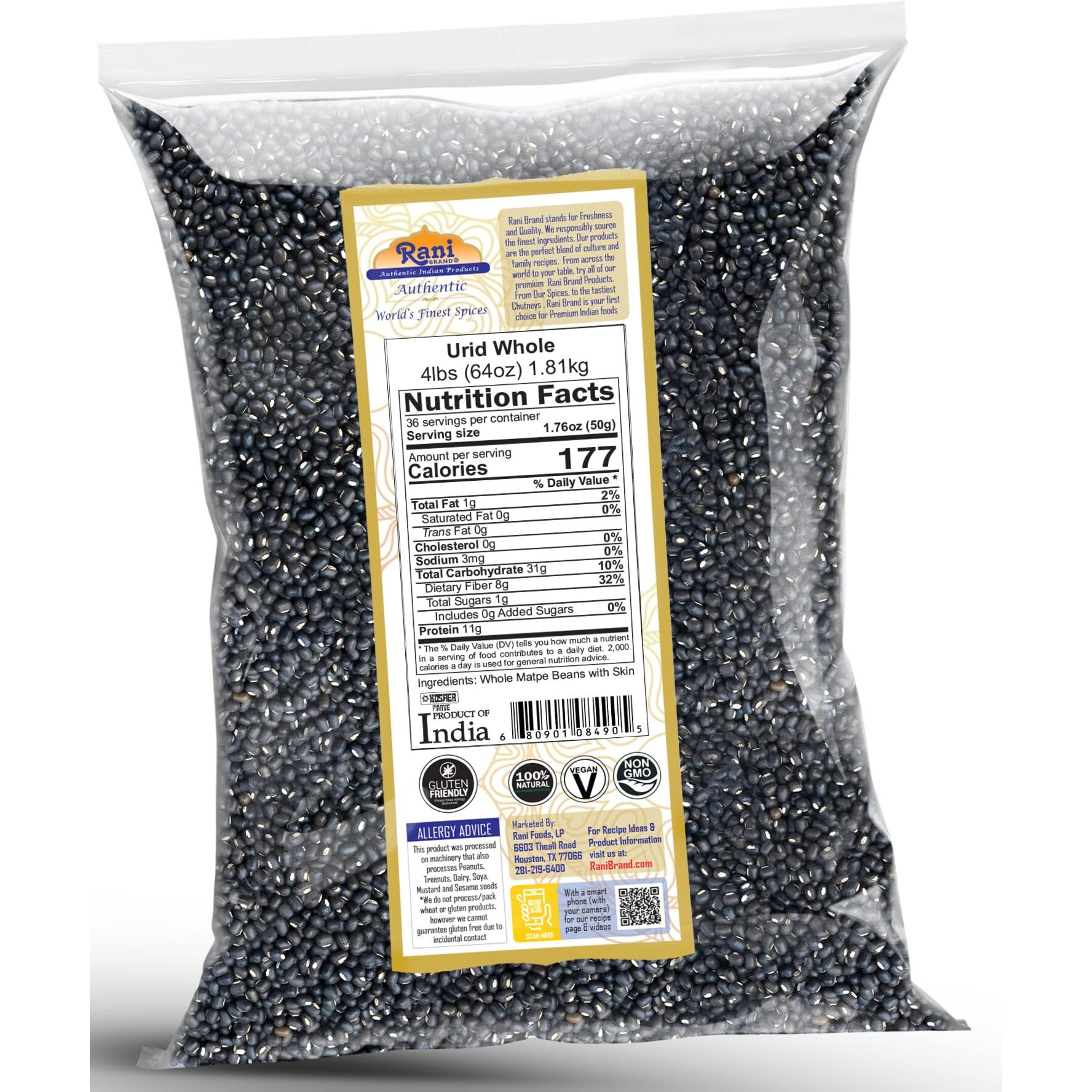 Rani Urid/Urad Whole Black (Matpe Beans With Skin) Indian Lentils 64Oz (4Lbs) 1.81Kg Bulk~ All Natural | Gluten Friendly | Non-Gmo | Kosher | Vegan | Indian Origin