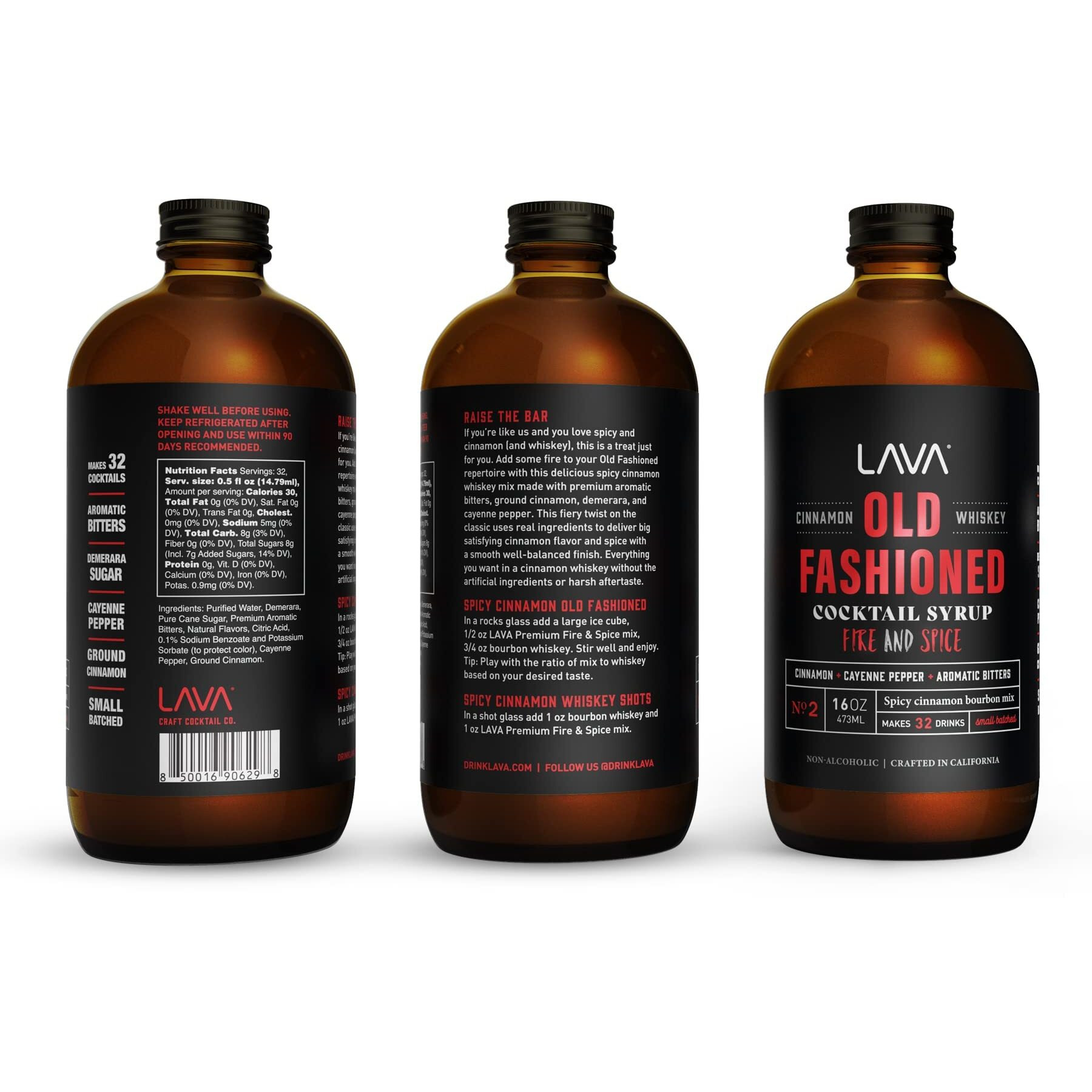 Lava Premium Fire & Spice Cinnamon Whiskey Spicy Old Fashioned Cocktail Mix 16Oz, Makes 32 Cocktails, Made With Aromatic Bitters, Demerara, Cinnamon, Cayenne Pepper. Just Add Whiskey.