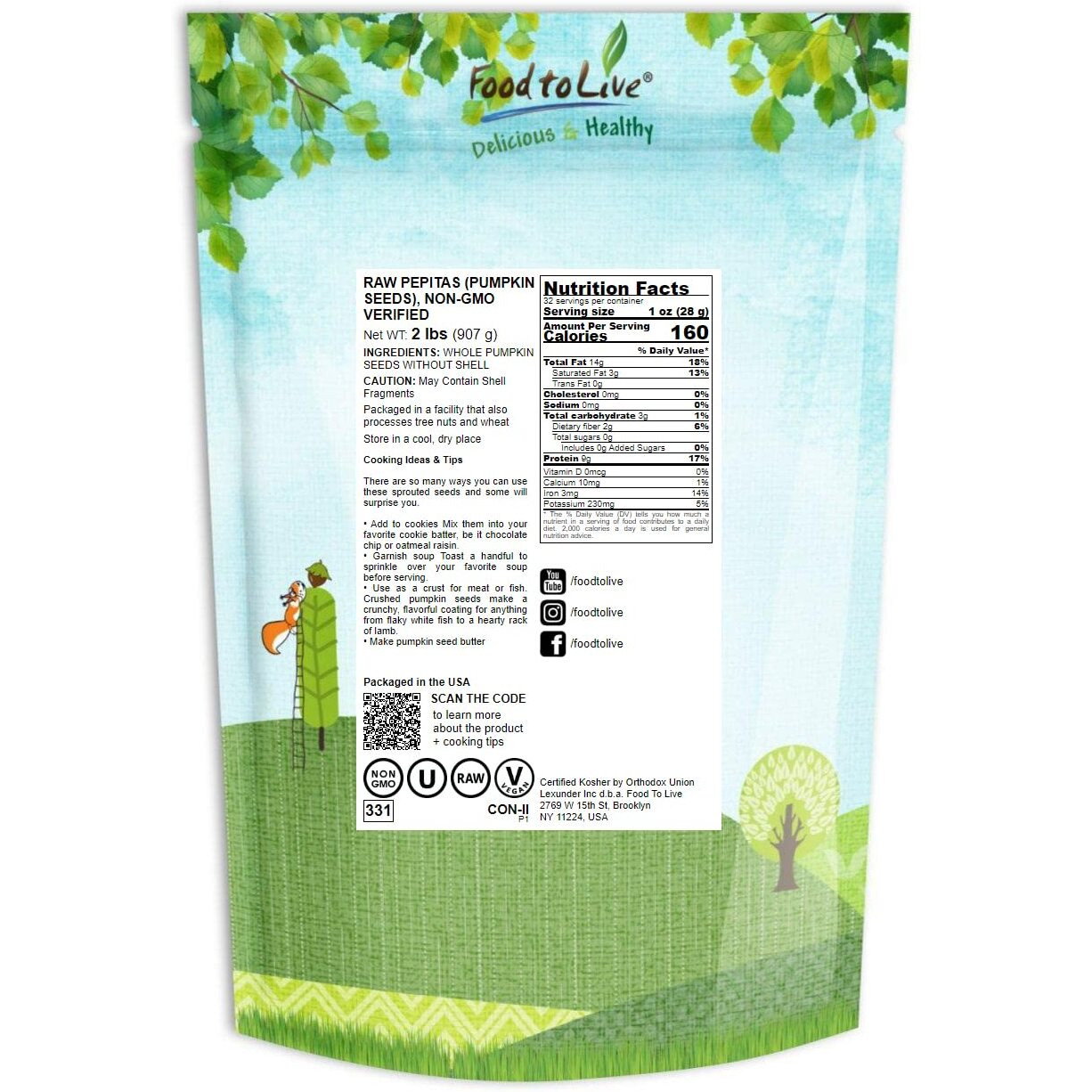 Food To Live - Raw Pepitas, 2 Pounds Non-Gmo Verified, Pumpkin Seed Kernels, Unsalted, No Shell, Vegan, Kosher, Keto, Bulk. Wholesome Snack. High In Protein, Essential Fatty Acids. Great For Baking.