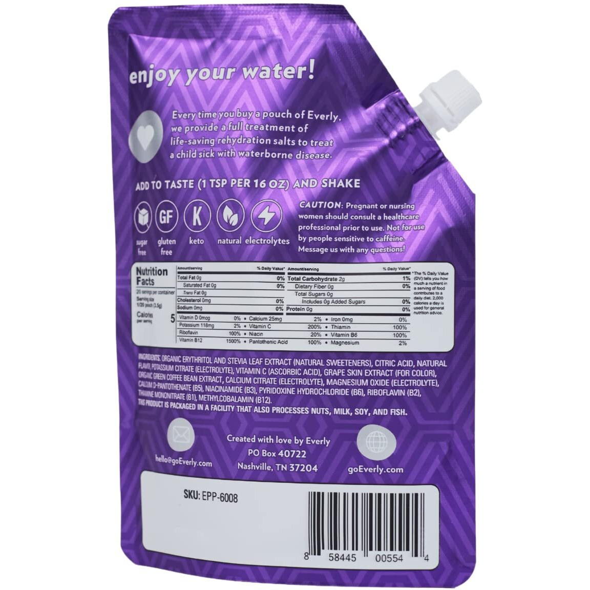 Everly Grape Energy - Natural Energy Drink Mix Powder, Sugar Free, Natural Sweeteners, Organic Caffeine, Keto Diet, Water Flavoring & Enhancer - Pouch, 20 Servings