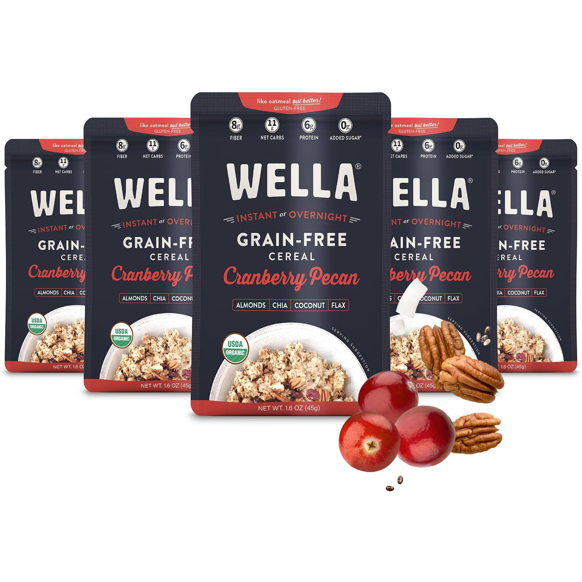 Wella Cereal Oatmeal Alternative, Gluten-Free Breakfast Hot Cereal, Grain-Free Paleo Organic Vegan High Protein Superfood, Plant-Based Non-Gmo, Low In Net Carbs, Single-Serve Packets, Cranberry Pecan Flavor (5 Count, 1.6 Oz. Packets)
