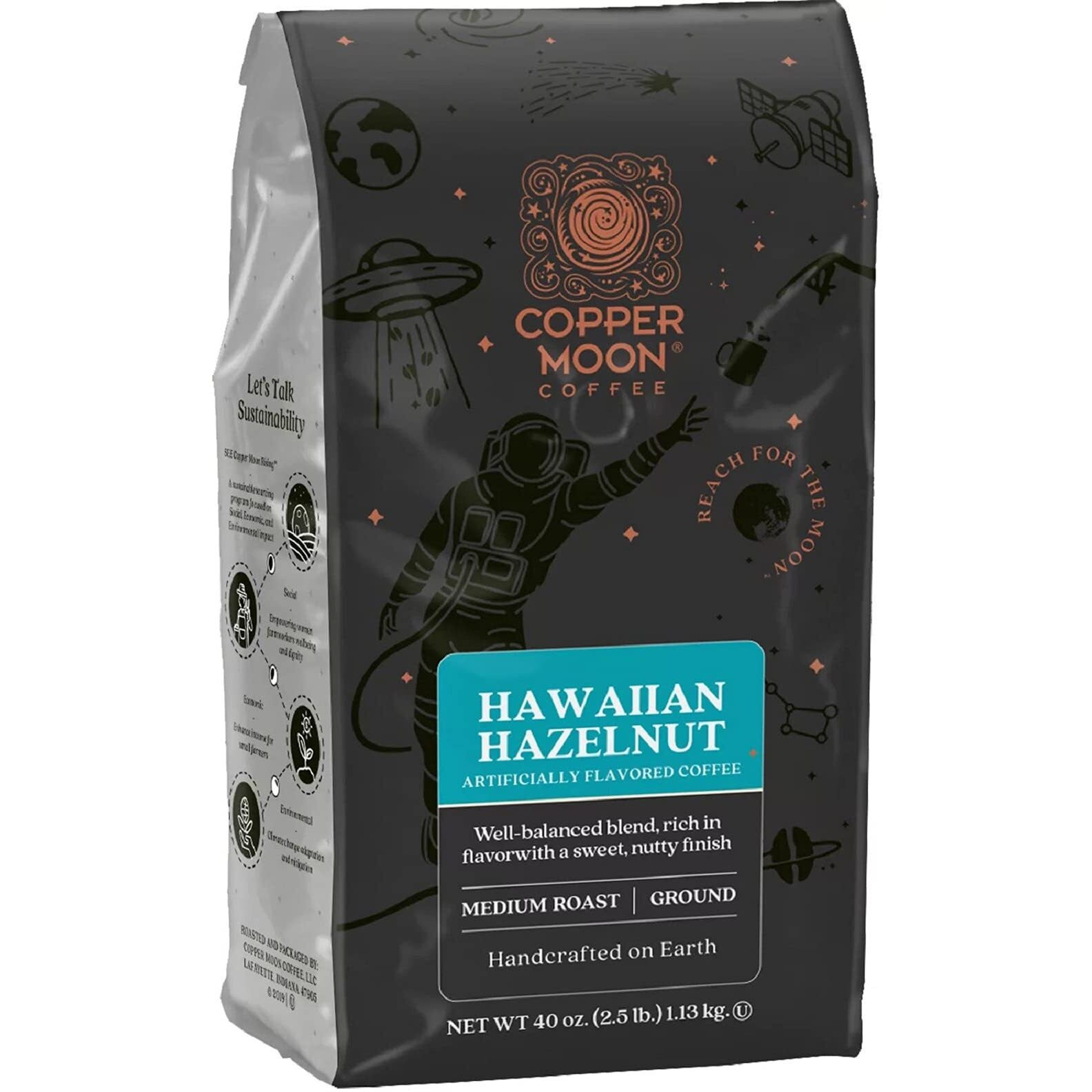 Copper Moon Ground Coffee, Light Roast, Hawaiian Hazelnut Blend, 40 Oz