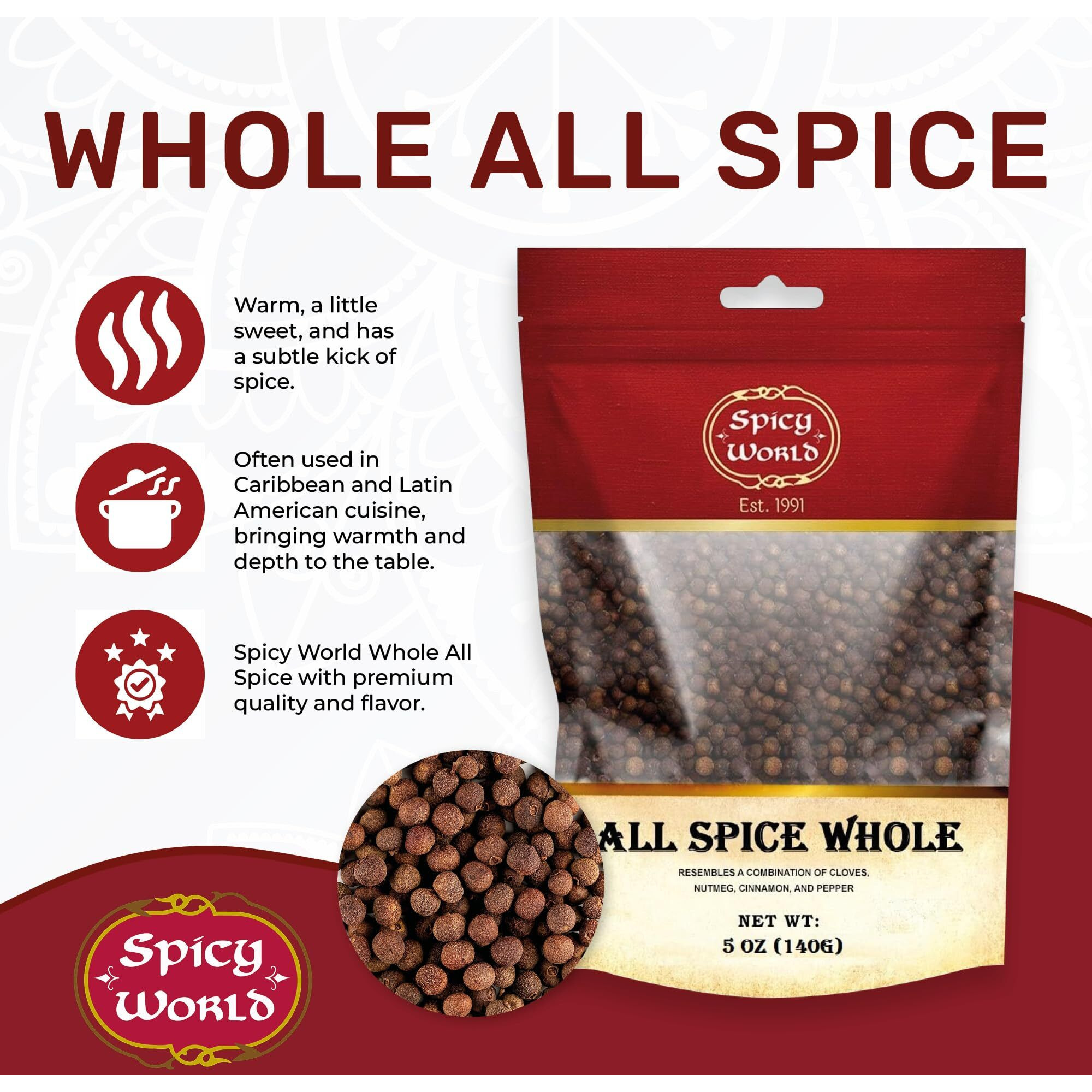 Allspice Whole Berries 5 Ounce Bag - By Spicy World (All Spice) | All Spice Pimento Jamaica Pepper For Cooking & Seasoning | Versatile Berry For Curries, Soups And Even Pastries
