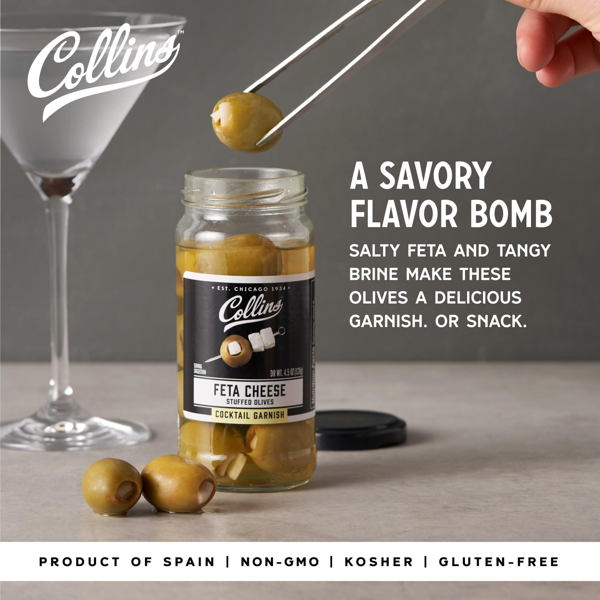 Collins Gourmet Feta Cheese Olives | Cheese-Stuffed Premium Garnish For Cocktails, Bloody Marys, Martinis, Salads, Meat Trays, 5Oz