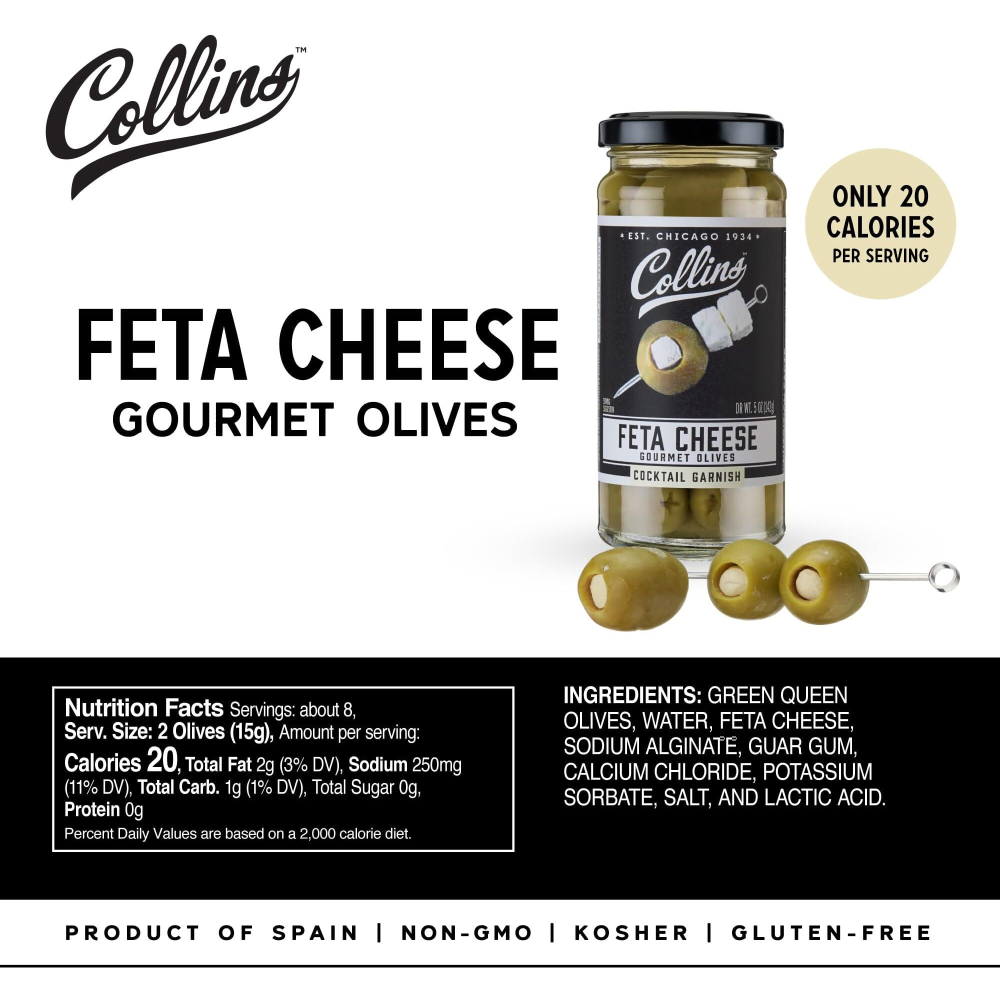 Collins Gourmet Feta Cheese Olives | Cheese-Stuffed Premium Garnish For Cocktails, Bloody Marys, Martinis, Salads, Meat Trays, 5Oz