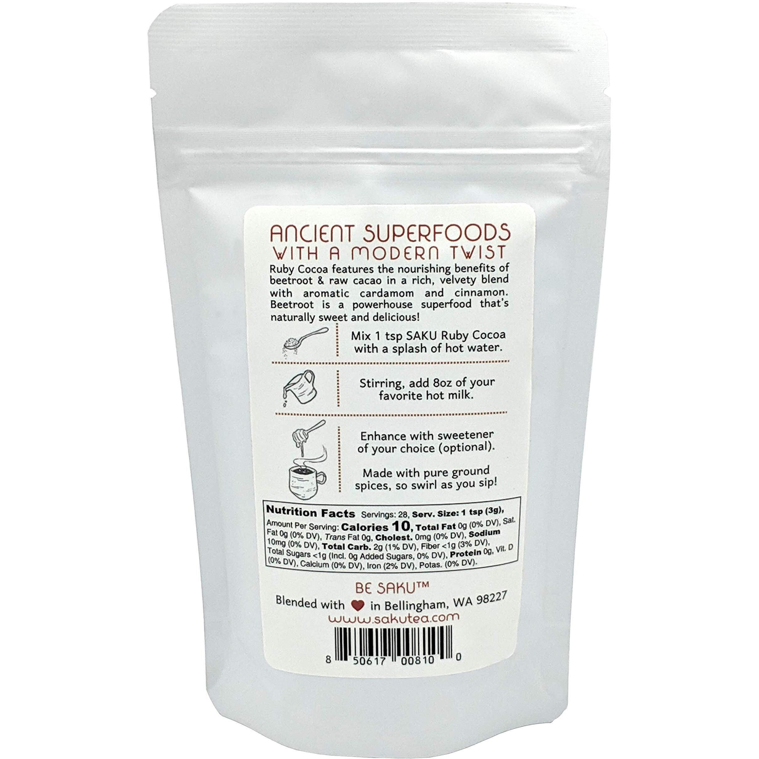 Saku Tea, Ruby Cocoa Beetroot Latte Blend, Super Food Latte, 3Oz Bag
