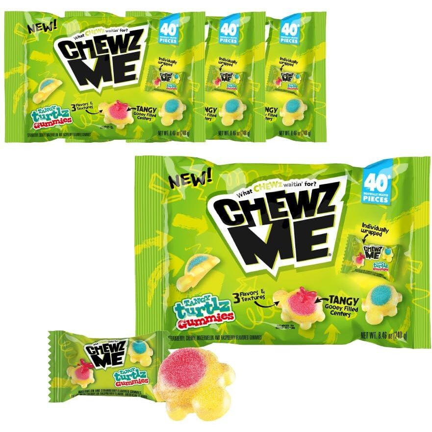 Chewzme Tangy Turtlz Gummies, Individually Wrapped Turtle Shaped Jelly-Filled Gummy And Chewy Candy In Assorted Flavors, 8.46 Ounce (Pack Of 4)