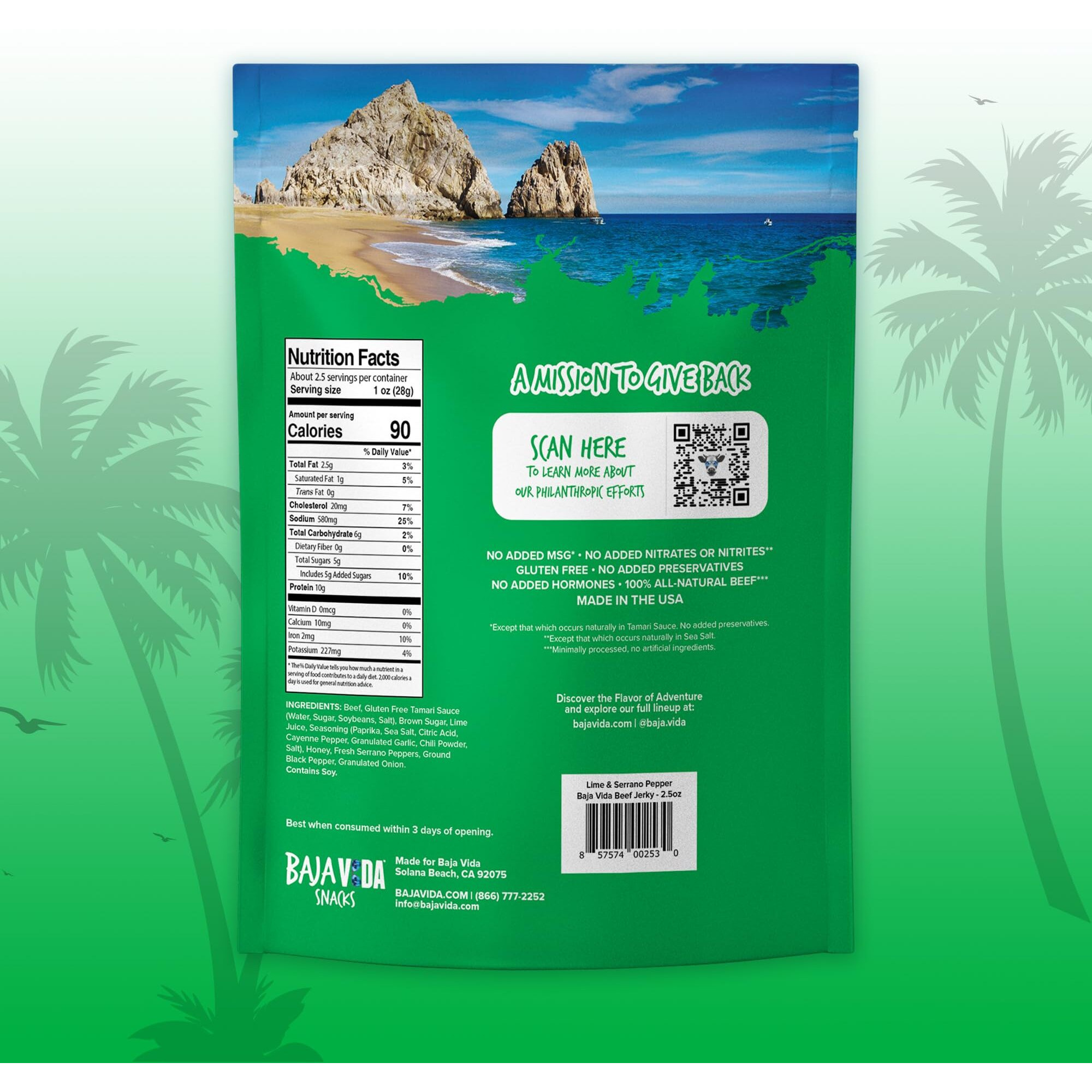 Baja Beef Baja Vida Lime & Serrano Pepper Beef Jerky - Sweet And Spicy Beef Jerky Snack Packs, Healthy Jerky, Gluten-Free, All-Natural Beef, No Msg, Made In The Usa - 2.5 Oz Bags (Pack Of 3)