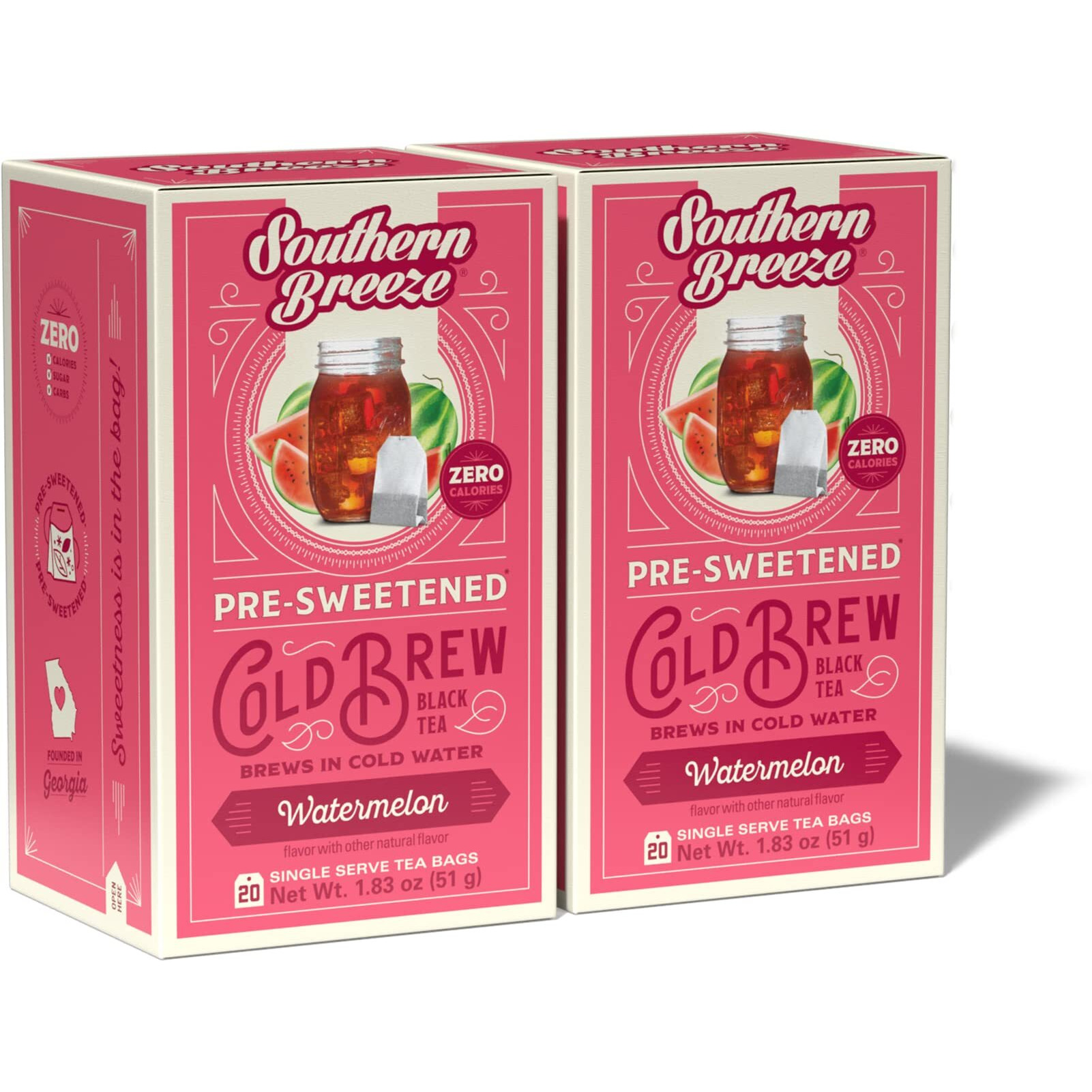 Southern Breeze Cold Brew Sweet Tea Watermelon Iced Tea With Black Tea And Zero Carbs Zero Sugar, 20 Individually Wrapped Tea Bags (Pack Of 2) Southern Sweet Tea Iced Tea Beverage