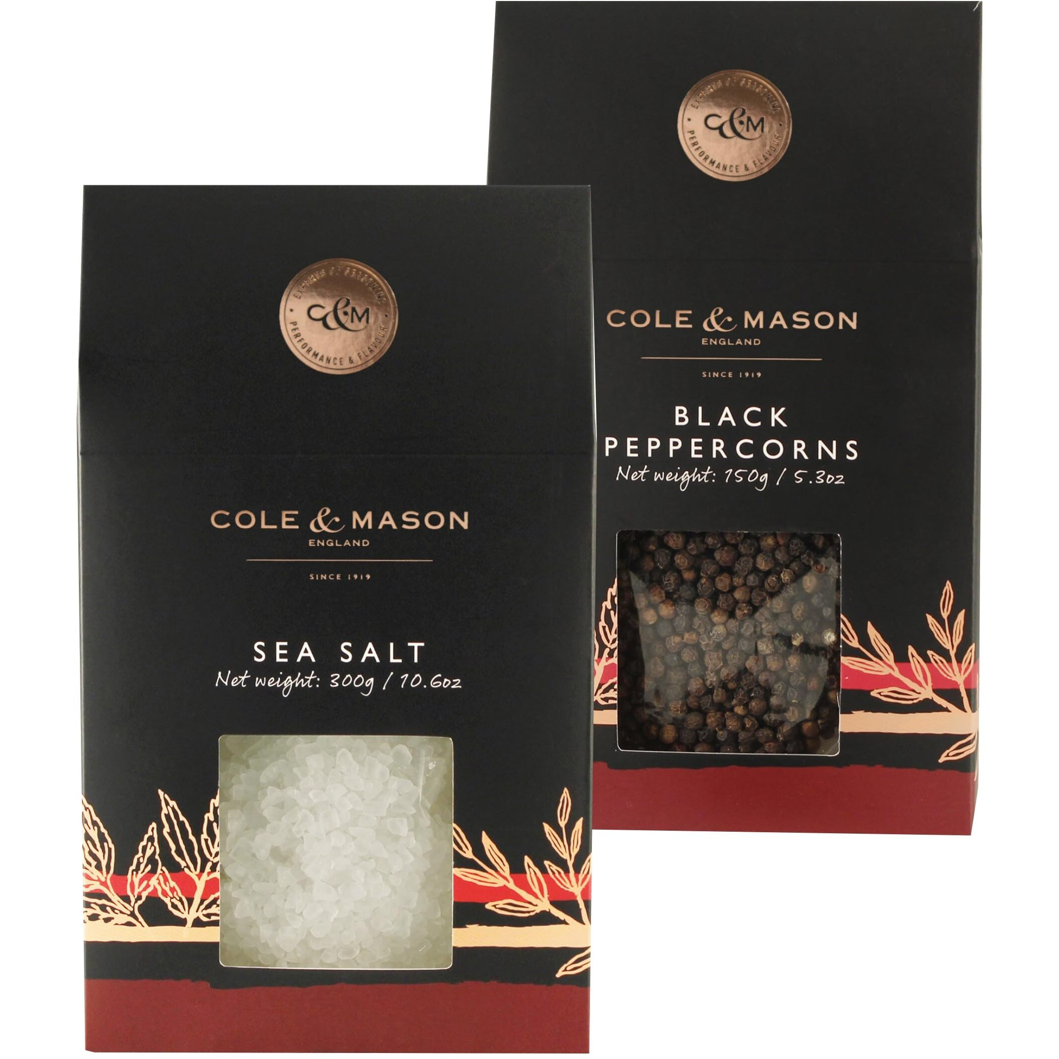 Cole & Mason Gourmet Spice Refill Box - Pairs Well With Chicken, Beef, Pork & More - Salt & Peppercorn Refill For Salt & Pepper Mill Grinder - Sea Salt & Black Pepper 15.9 Oz Box Set