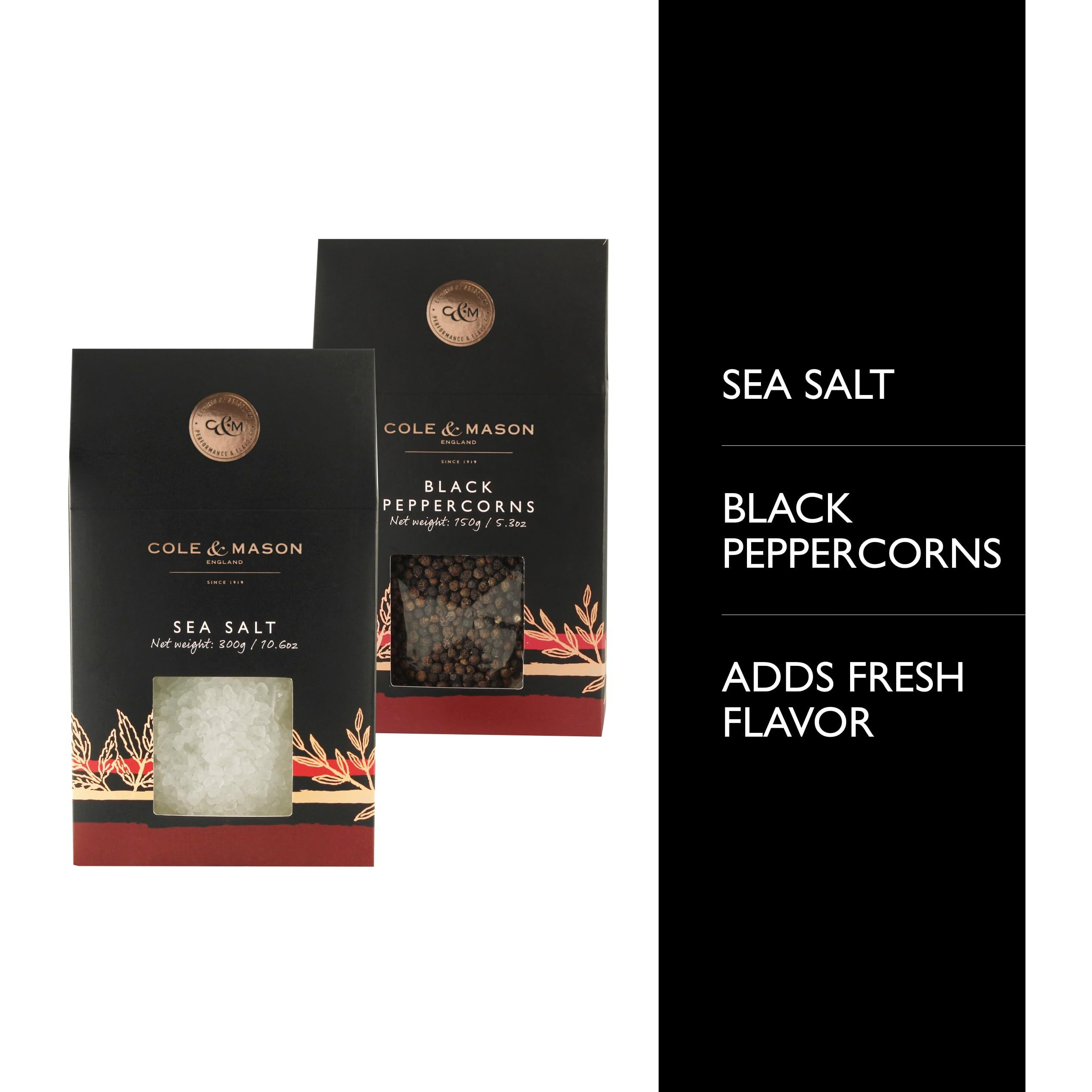 Cole & Mason Gourmet Spice Refill Box - Pairs Well With Chicken, Beef, Pork & More - Salt & Peppercorn Refill For Salt & Pepper Mill Grinder - Sea Salt & Black Pepper 15.9 Oz Box Set