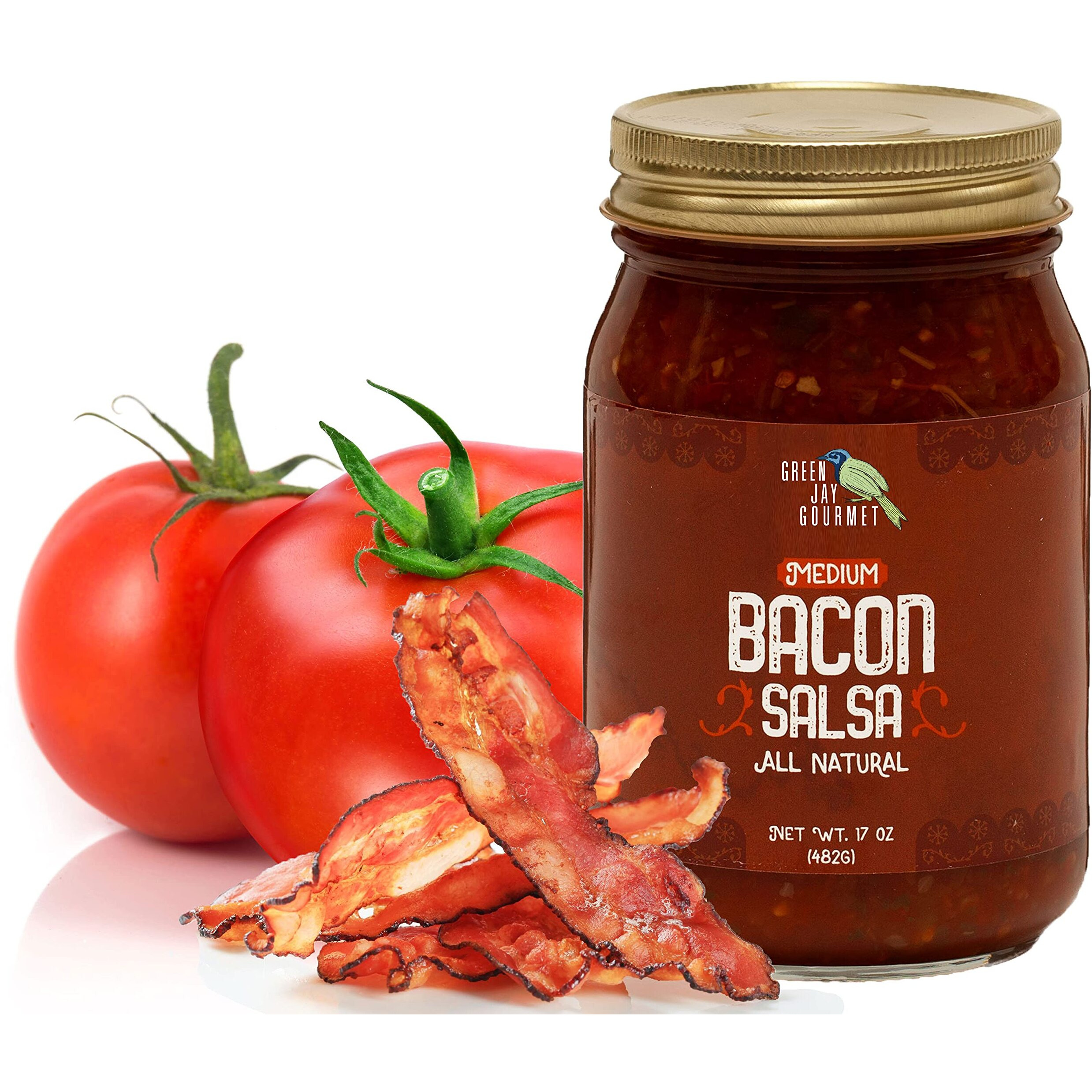 Green Jay Gourmet Bacon Salsa - Medium Heat Salsa With Natural Bacon & Jalapeno Peppers - Gourmet Salsa Dip With No Preservatives - Gluten-Free, Msg-Free, Small Batch Natural Salsa Sauce - 17 Ounces