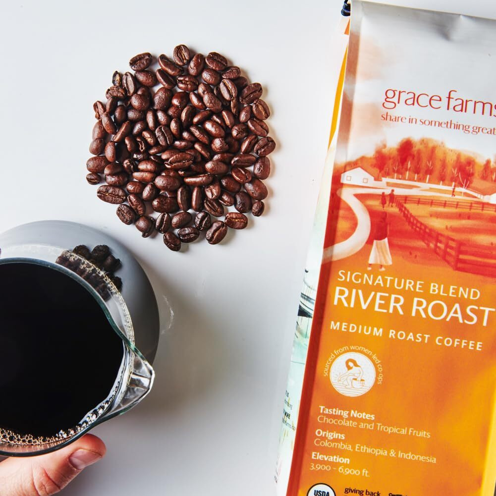 Grace Farms, Organic Whole Bean Coffee, River Roast Blend (Colombia, Ethiopia, Indonesia) Medium Roast, 12Oz Bag, 1 Count | Notes Of Chocolate & Tropical Fruits | Gives Back 100% Of Profits