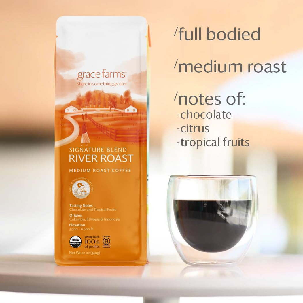 Grace Farms, Organic Whole Bean Coffee, River Roast Blend (Colombia, Ethiopia, Indonesia) Medium Roast, 12Oz Bag, 1 Count | Notes Of Chocolate & Tropical Fruits | Gives Back 100% Of Profits