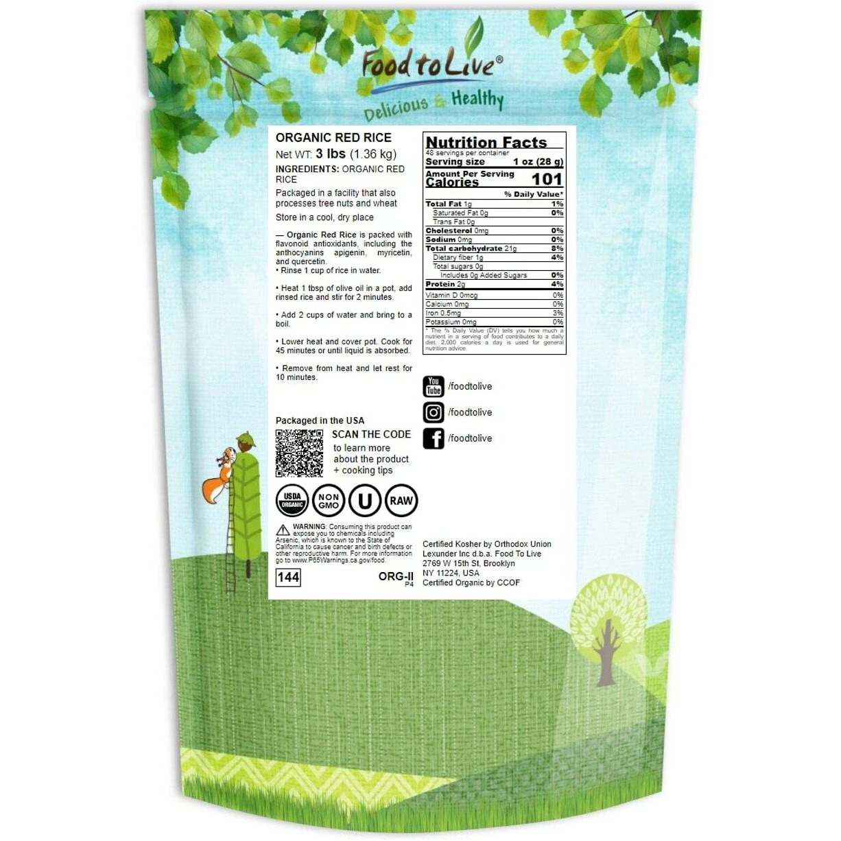 Food To Live Organic Red Rice, 3 Pounds - Non-Gmo, Whole Long-Grain Variety, Non-Sticky, Vegan, Kosher. Source Of Protein. Rich In Antioxidants. Great As Side Dish. Perfect For Pilafs, Stir-Fries.