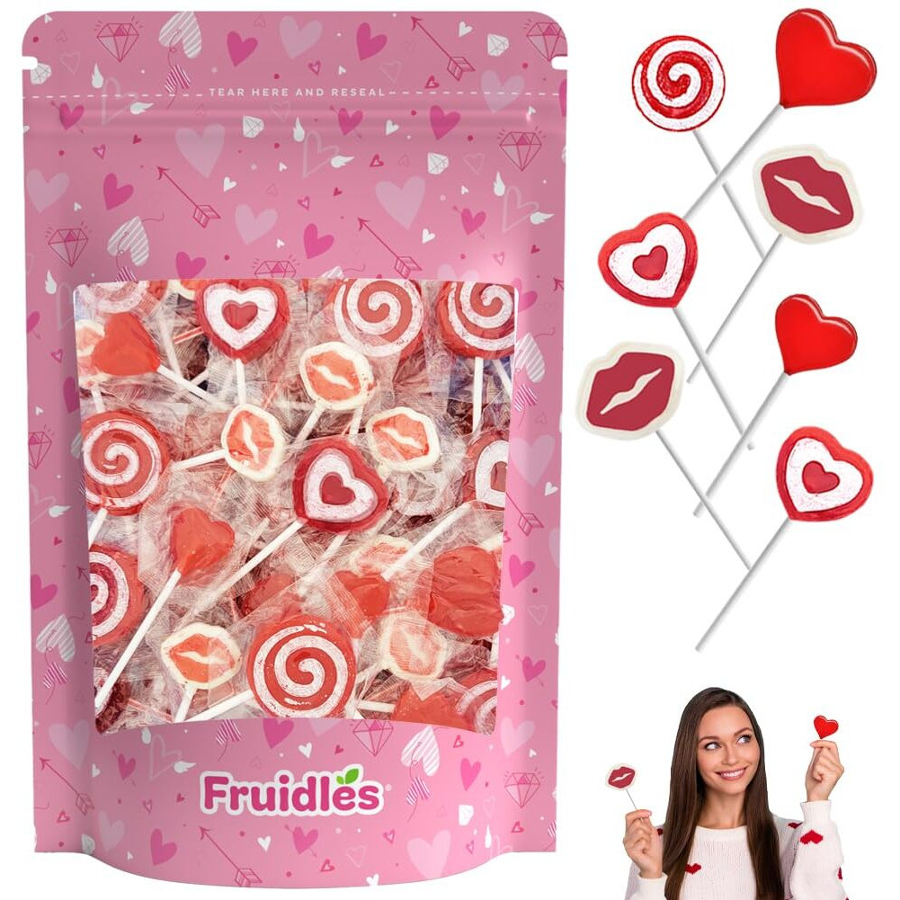 Fruidles Valentine's Lollipop Party Mix, Hearts, Lips N' Swirls Mixed Fruit Flavor Assortment, Individually Wrapped Assorted Half-Pound