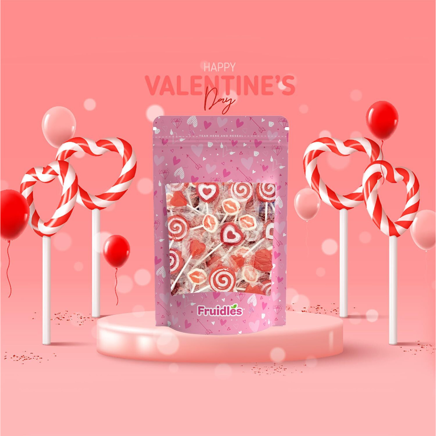 Fruidles Valentine's Lollipop Party Mix, Hearts, Lips N' Swirls Mixed Fruit Flavor Assortment, Individually Wrapped Assorted Half-Pound