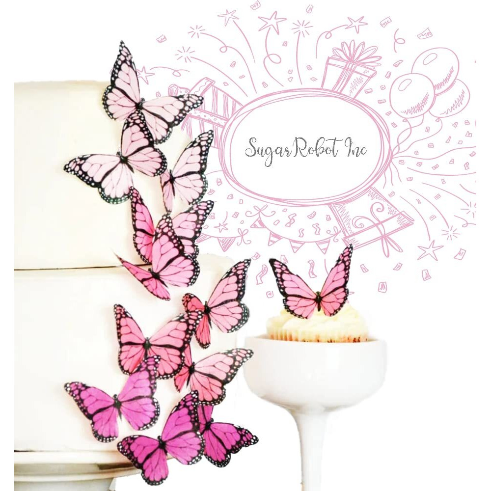 Sugar Robot Inc. Edible Butterflies Ombre Monarchs Made In The Usa Premium Crafted - Cake And Cupcake Toppers, Decoration (Pink)