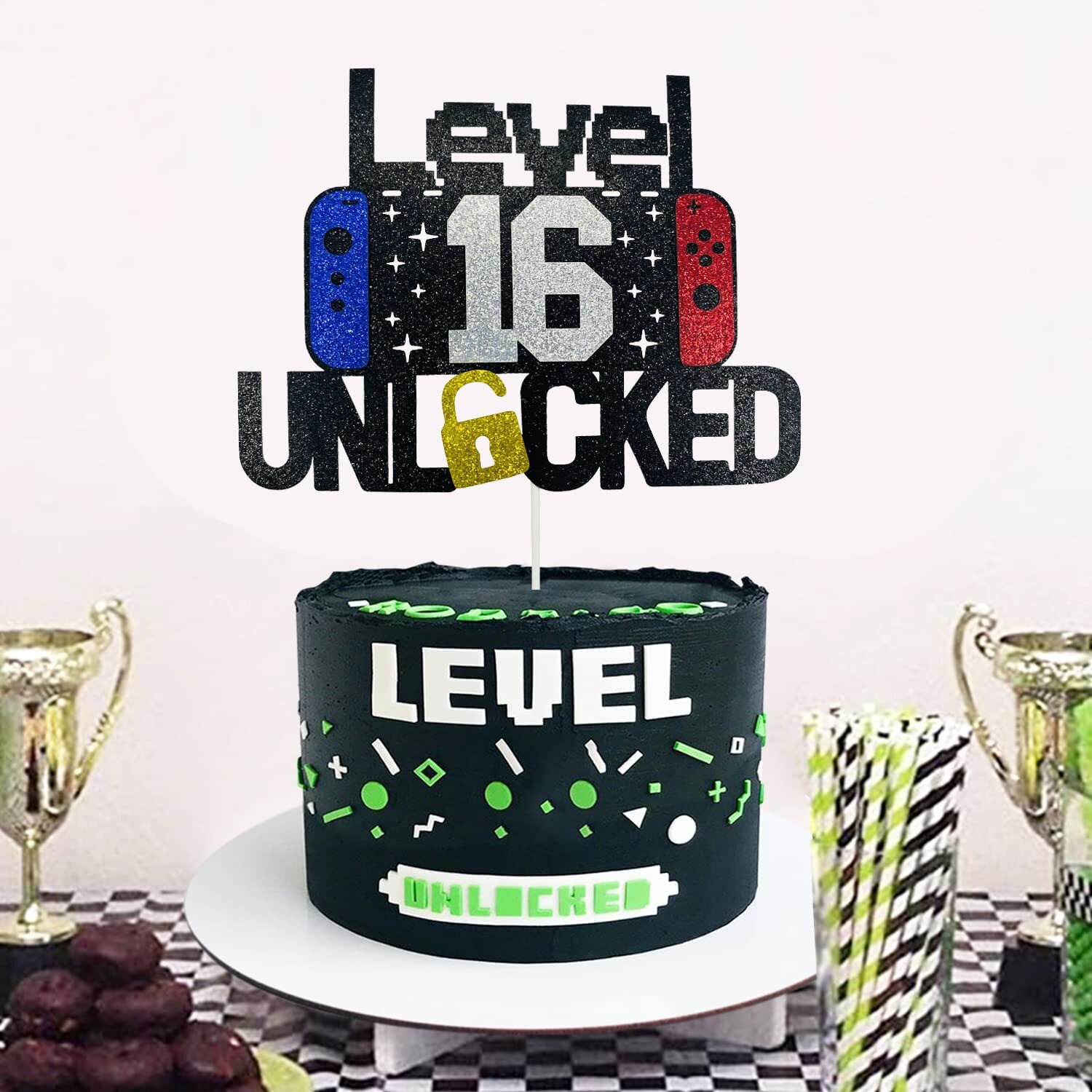 Happy 16Th Birthday Video Game Cake Topper Level 16 Unlocked Cake Topper For Kids Boys Girls 16-Years-Old Birthday Party Decoration (16)