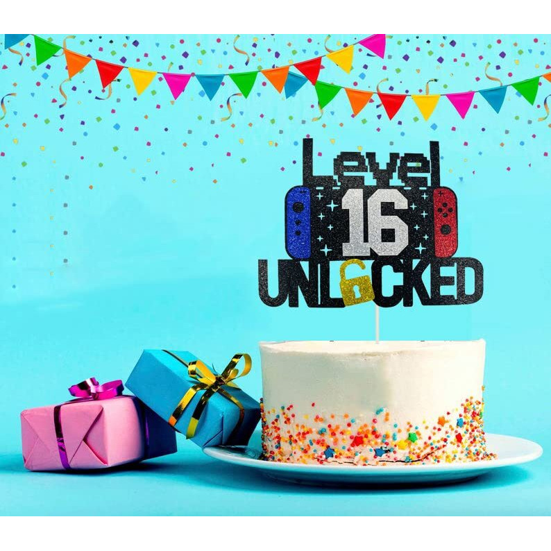 Happy 16Th Birthday Video Game Cake Topper Level 16 Unlocked Cake Topper For Kids Boys Girls 16-Years-Old Birthday Party Decoration (16)