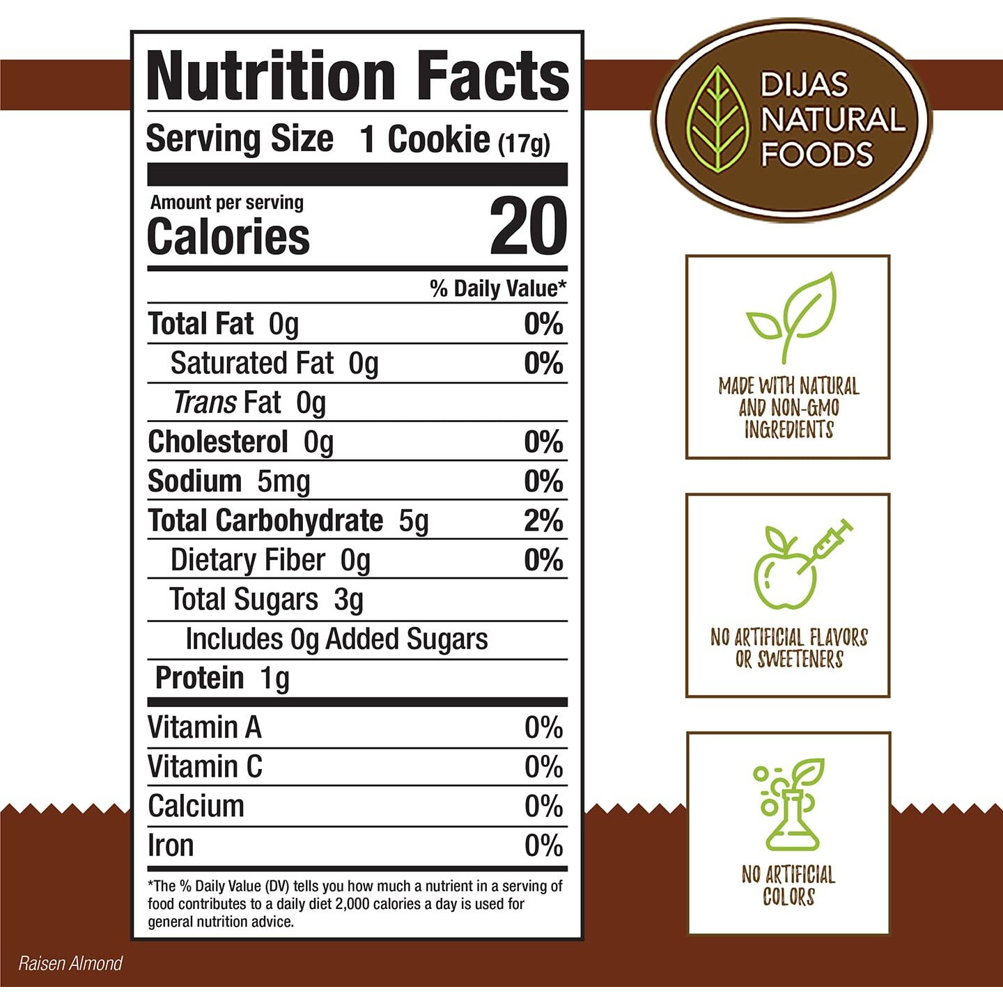 Dijas Natural Foods, Crunchy Fat Free Biscotti Cookie, All Natural Preservative Free Ingredients, Delicious Low Calorie Snack (5 Ounces, Raisin Almond)