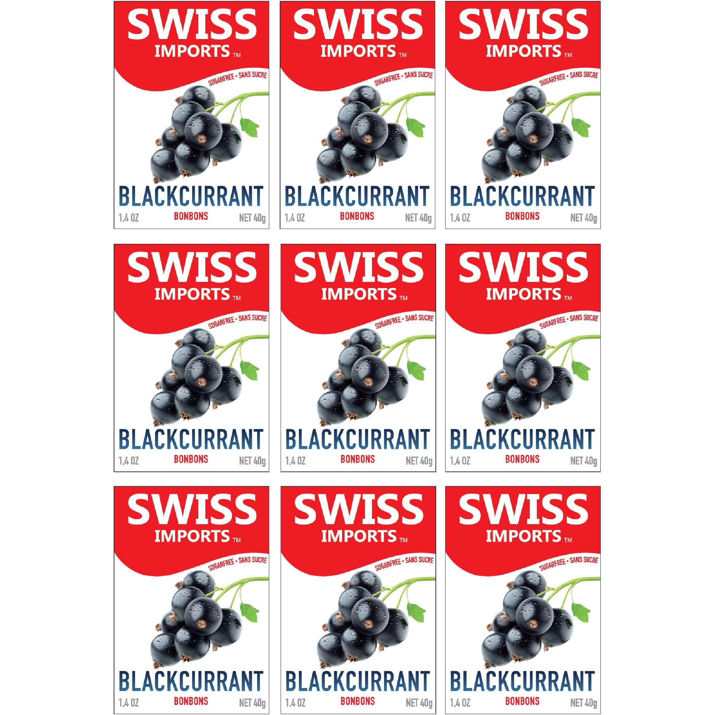 Swiss Imports Sugar Free Bonbons Hard Candy Drops, Blackcurrant, 1.4 Oz/ 40G Box, 9 Pack