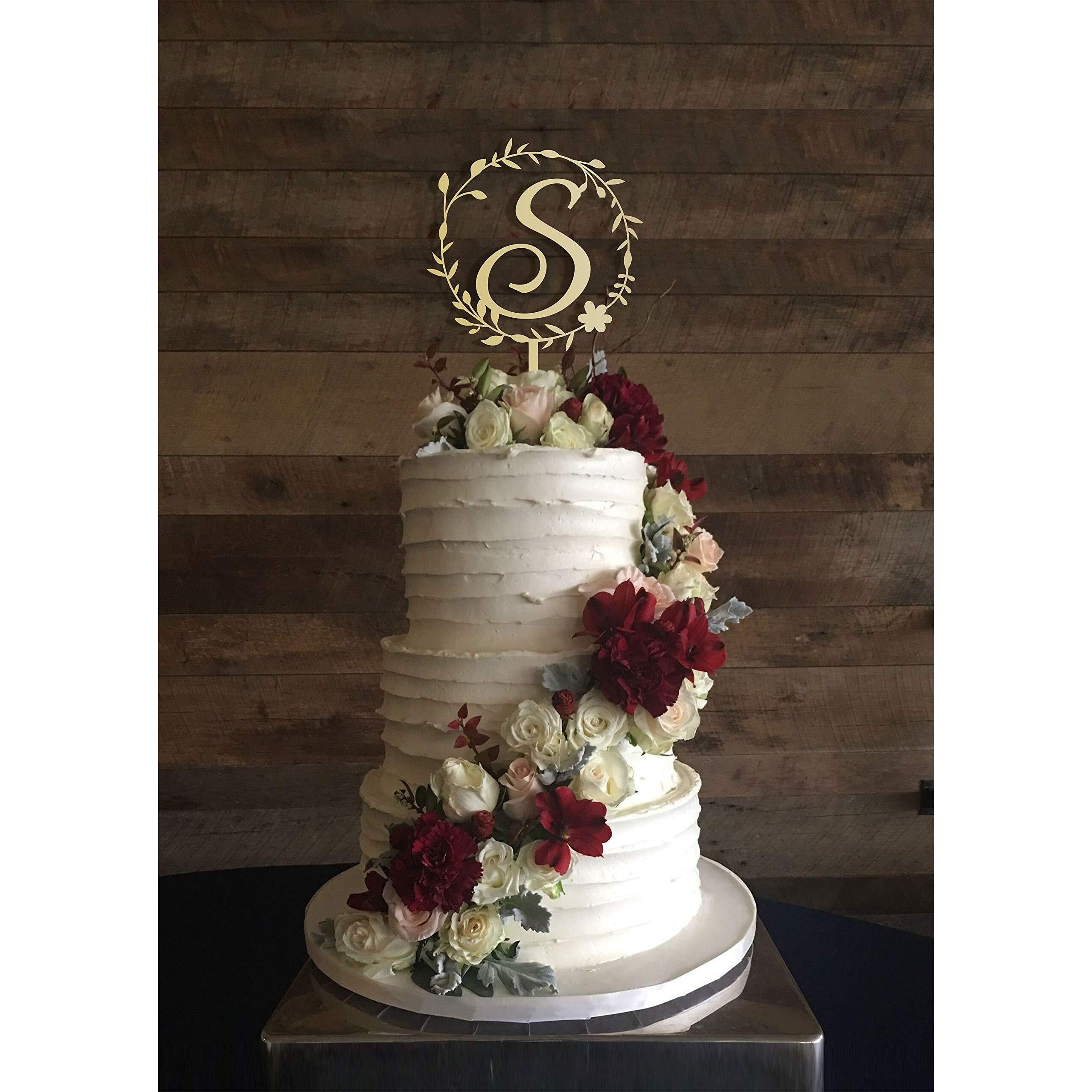 Kiskistonite Initials S Cake Topper, Monogram Cake Topper S, Rustic Wedding Cake Topper, Wreath Letter S Cake Topper, Mirror Gold Wedding Cake Decoration