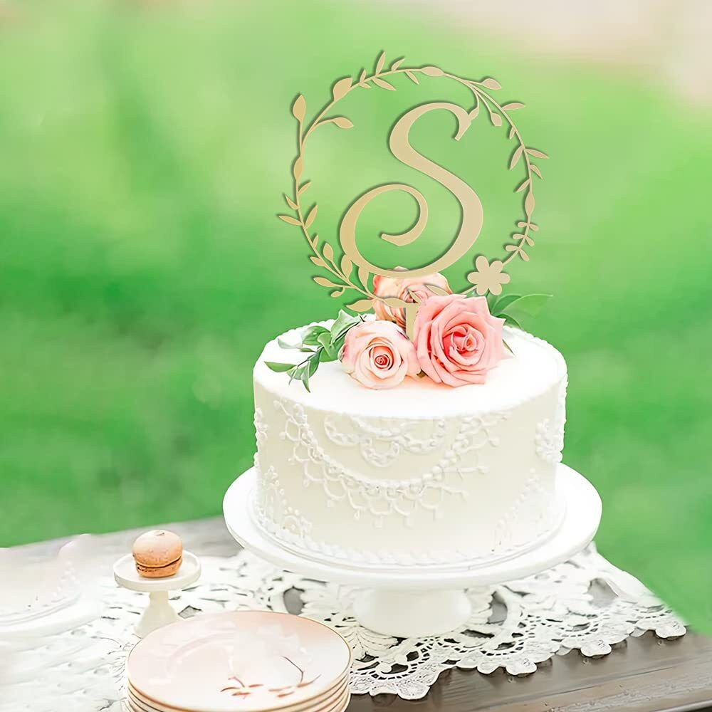 Kiskistonite Initials S Cake Topper, Monogram Cake Topper S, Rustic Wedding Cake Topper, Wreath Letter S Cake Topper, Mirror Gold Wedding Cake Decoration