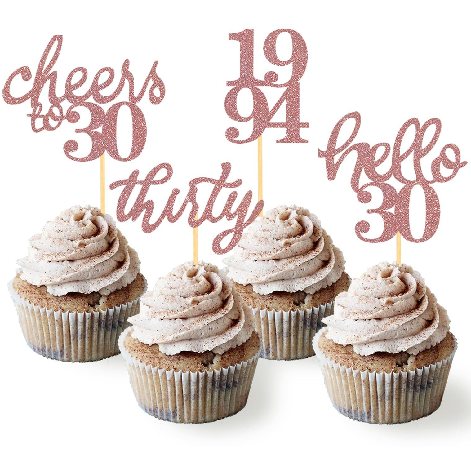24 Pcs Rose Gold Glitter 30Th Birthday Cupcake Toppers For Celebrating Thirty Years Old Birthday Party Decorations For 30Th Anniversary Party Supplies