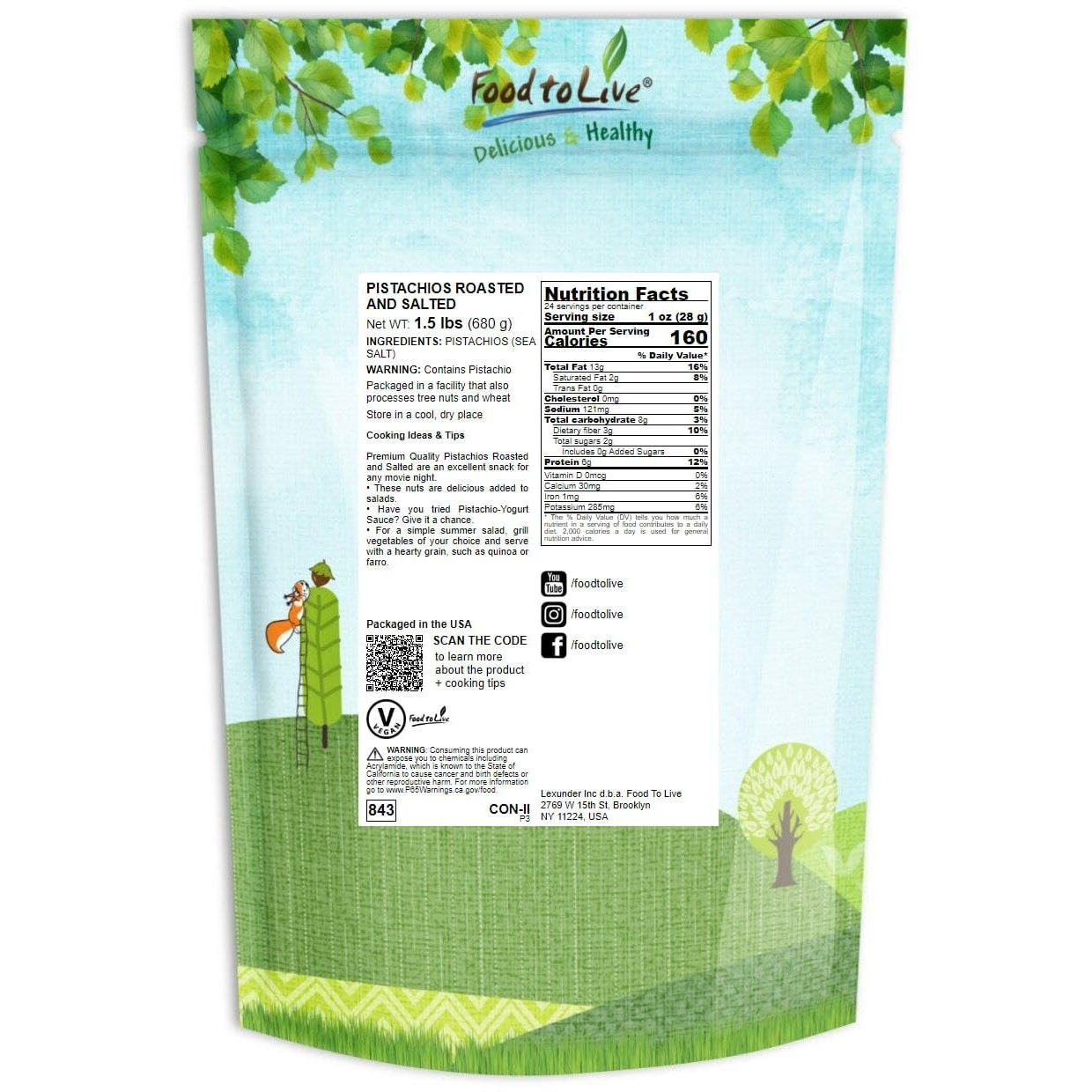 Food To Live Pistachios, Roasted And Salted, 1.5 Pounds - California Dry Roasted Pistachios With Sea Salt, In Shell, Kosher, Vegan Superfood, Bulk