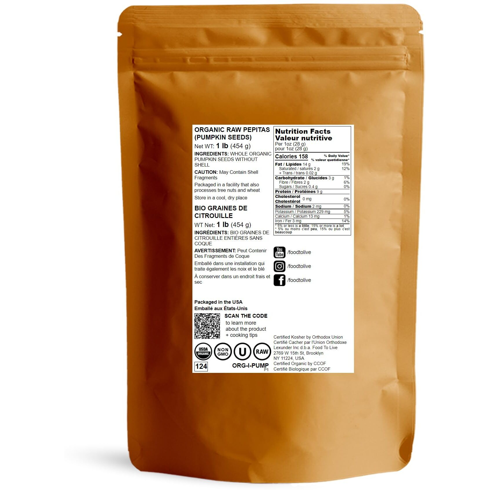Food To Live - Organic Raw Pepitas, 1 Pound Non-Gmo, Pumpkin Seed Kernels, Unsalted, No Oil, No Shell, Vegan, Kosher, Bulk. Keto Snack. High In Protein, Essential Fatty Acids.